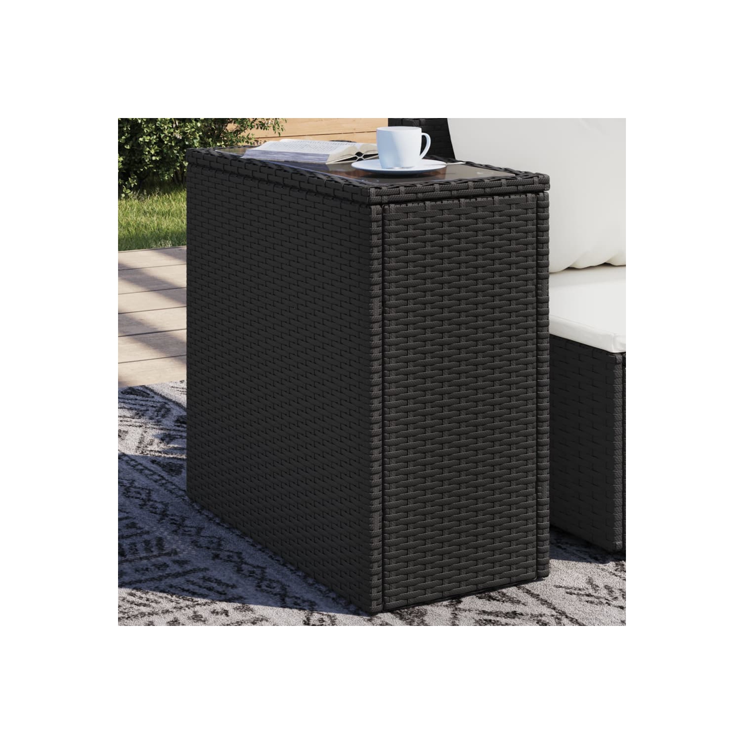 vidaXL Garden Side Table with Glass Top Black 58x27.5x55 cm Poly Rattan