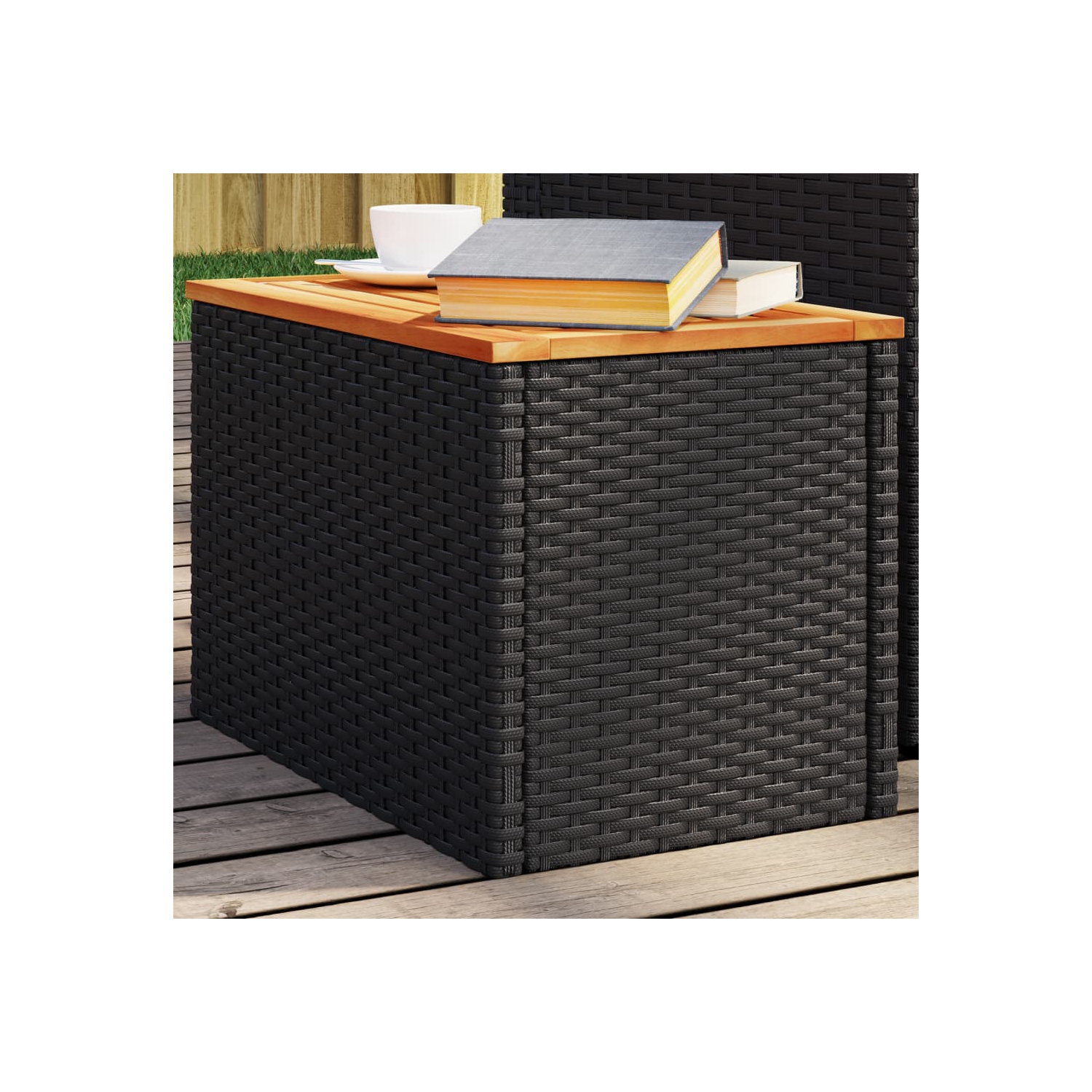 vidaXL Garden Side Tables 2pcs Black 55x34x37cm Poly Rattan Solid Wood