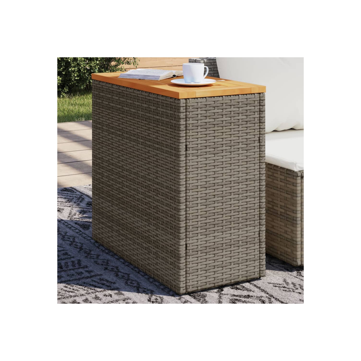 vidaXL Garden Side Table with Wooden Top Grey 58x27.5x55 cm Poly Rattan