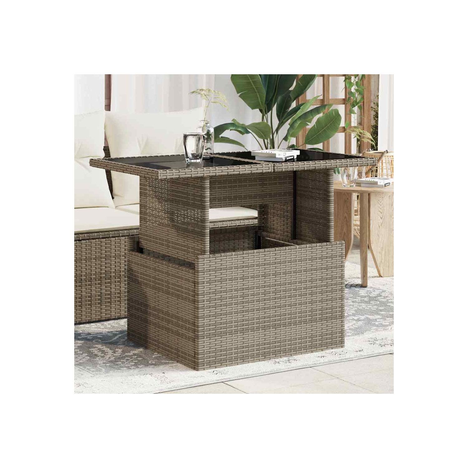 vidaXL Garden Table with Glass Top Grey 100x55x73 cm Poly Rattan