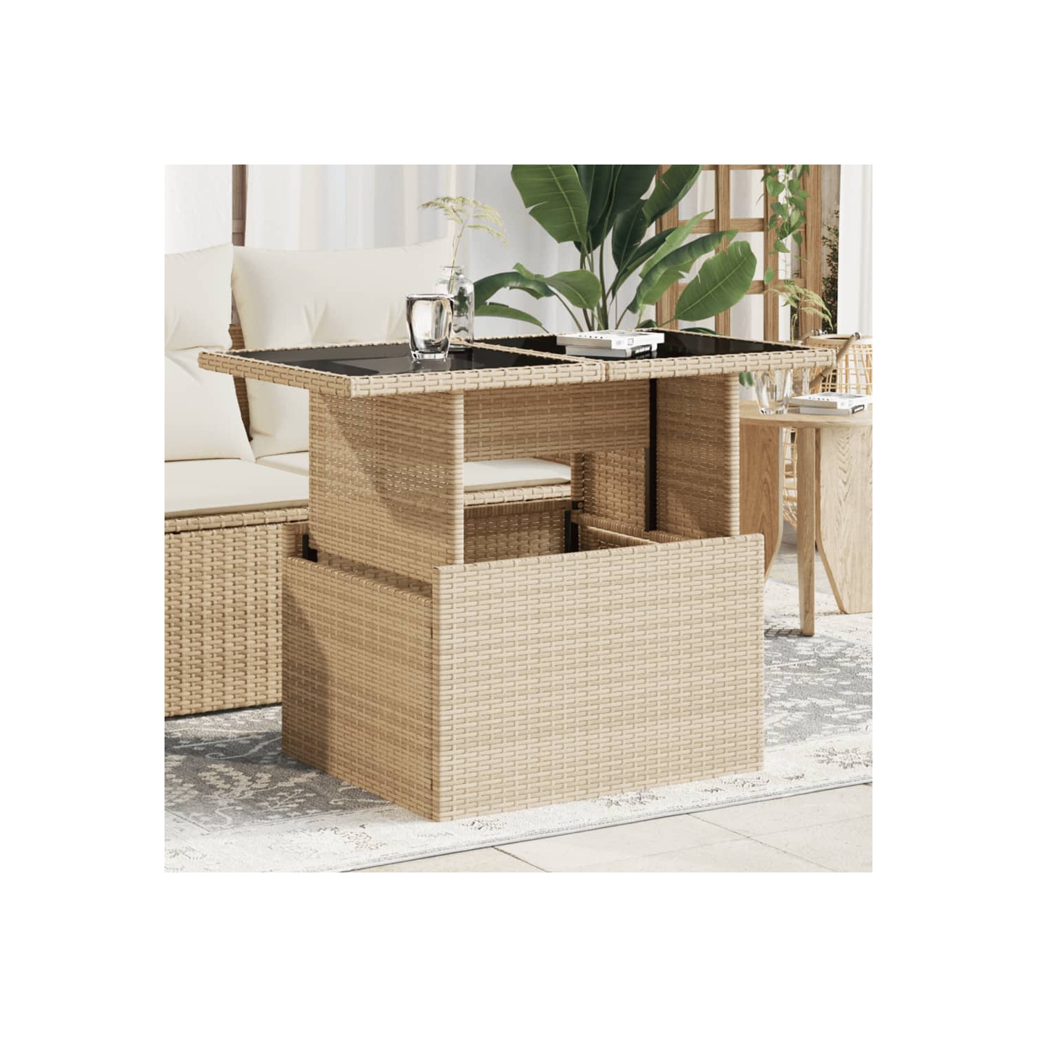 vidaXL Garden Table with Glass Top Beige 100x55x73 cm Poly Rattan