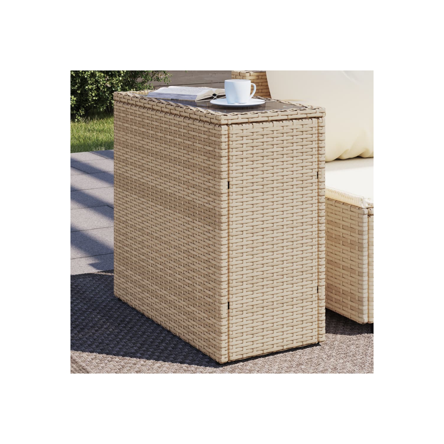 vidaXL Garden Side Table with Glass Top Beige 58x27.5x55 cm Poly Rattan