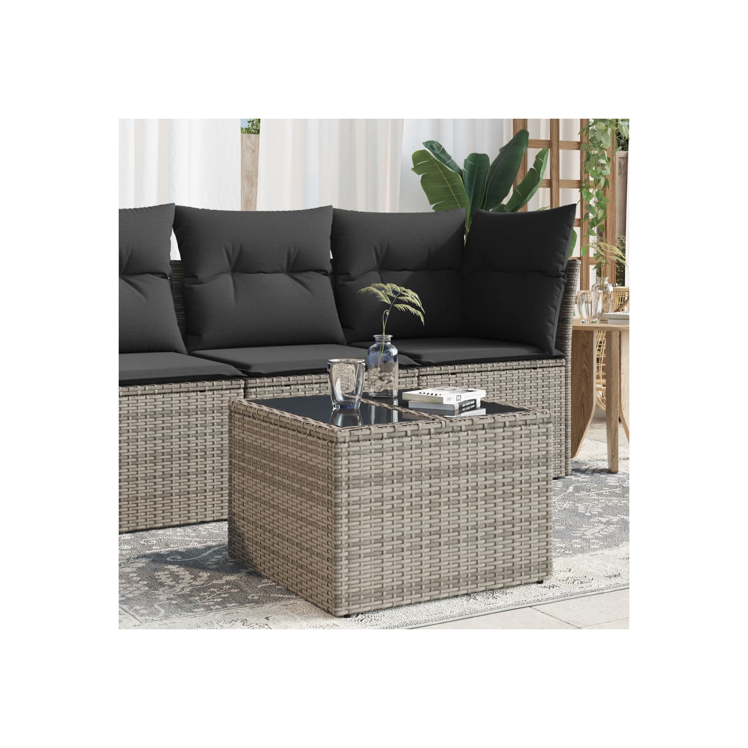 vidaXL Garden Table with Glass Top Grey 55x55x37 cm Poly Rattan
