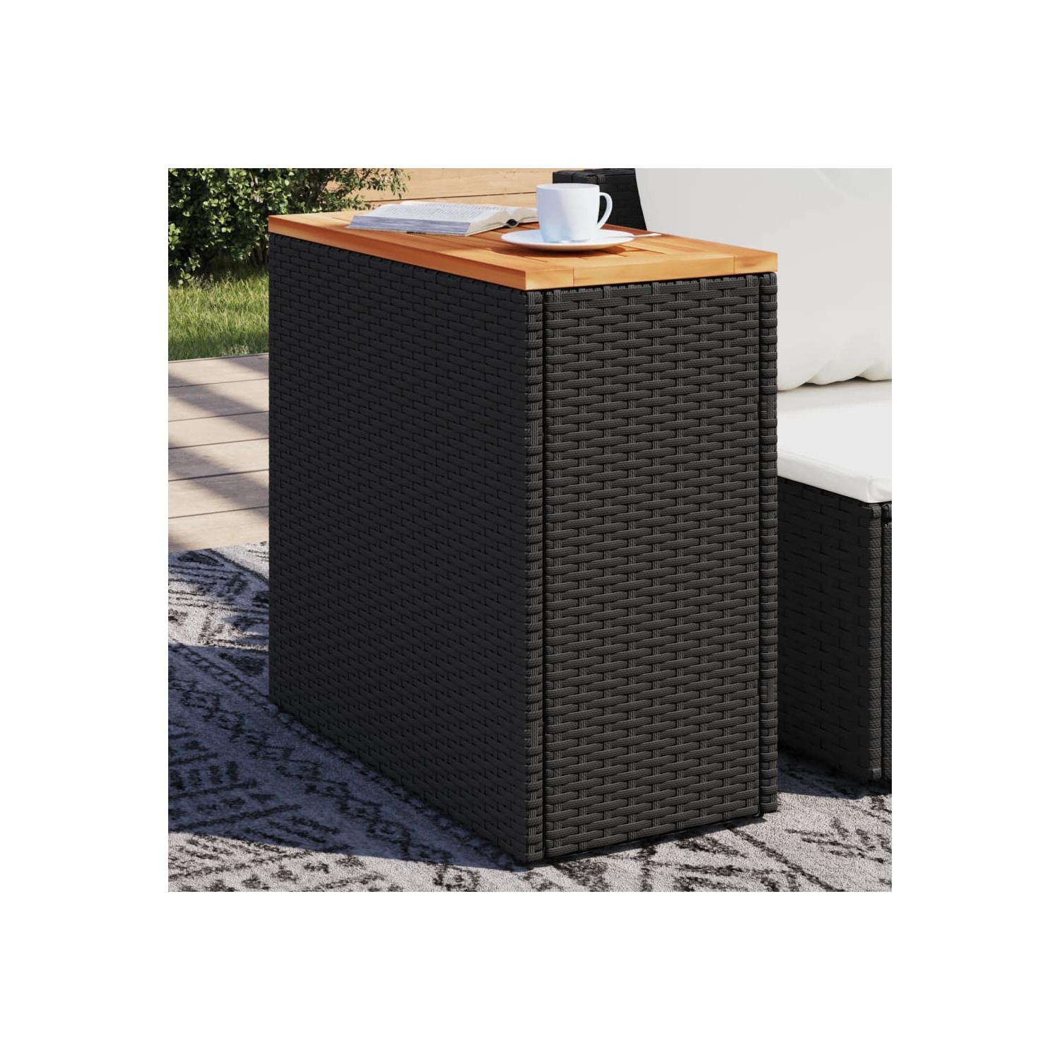 vidaXL Garden Side Table with Wooden Top Black 58x27.5x55 cm Poly Rattan