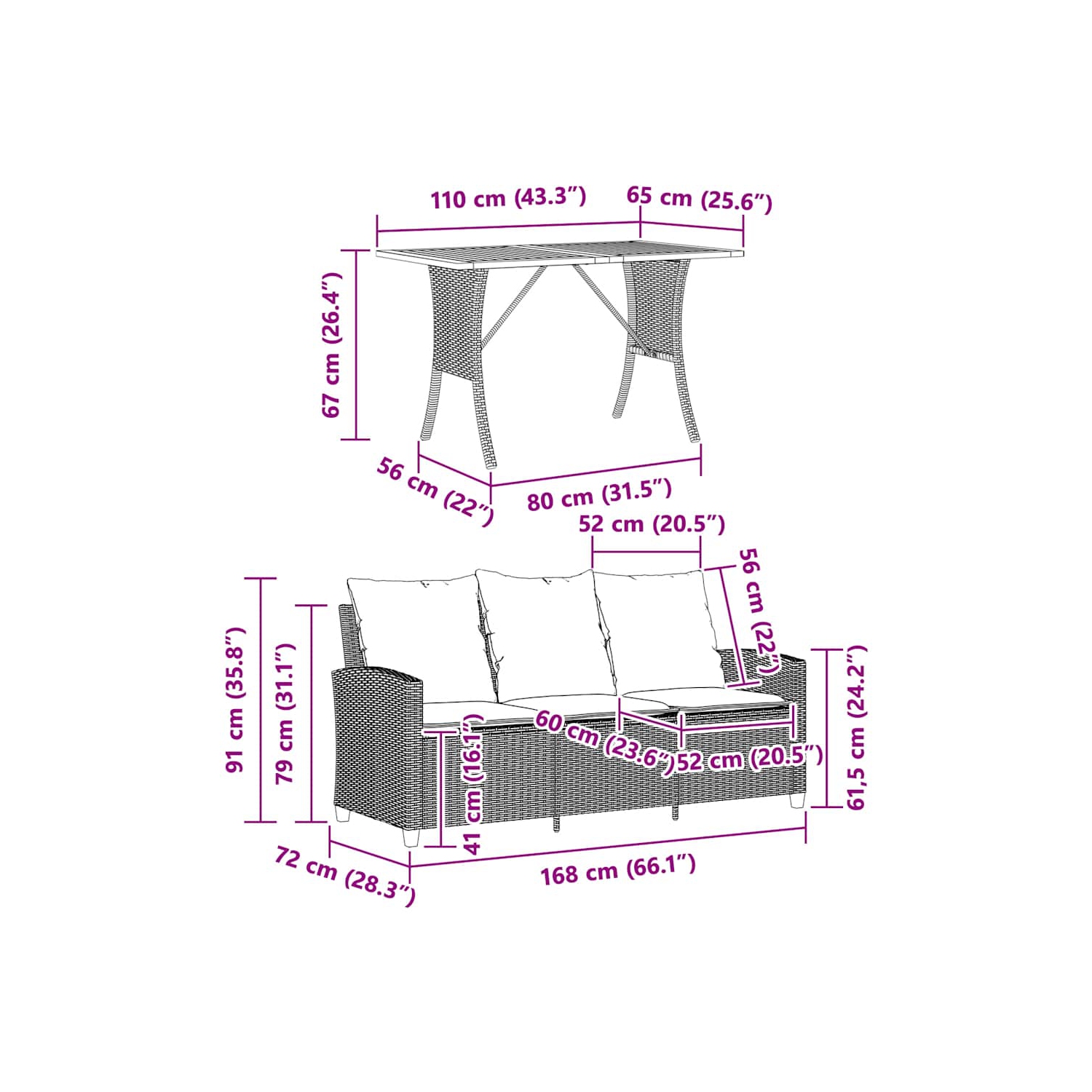 vidaXL Garden Sofa 3-Seater with Cushions&Table Beige Poly Rattan