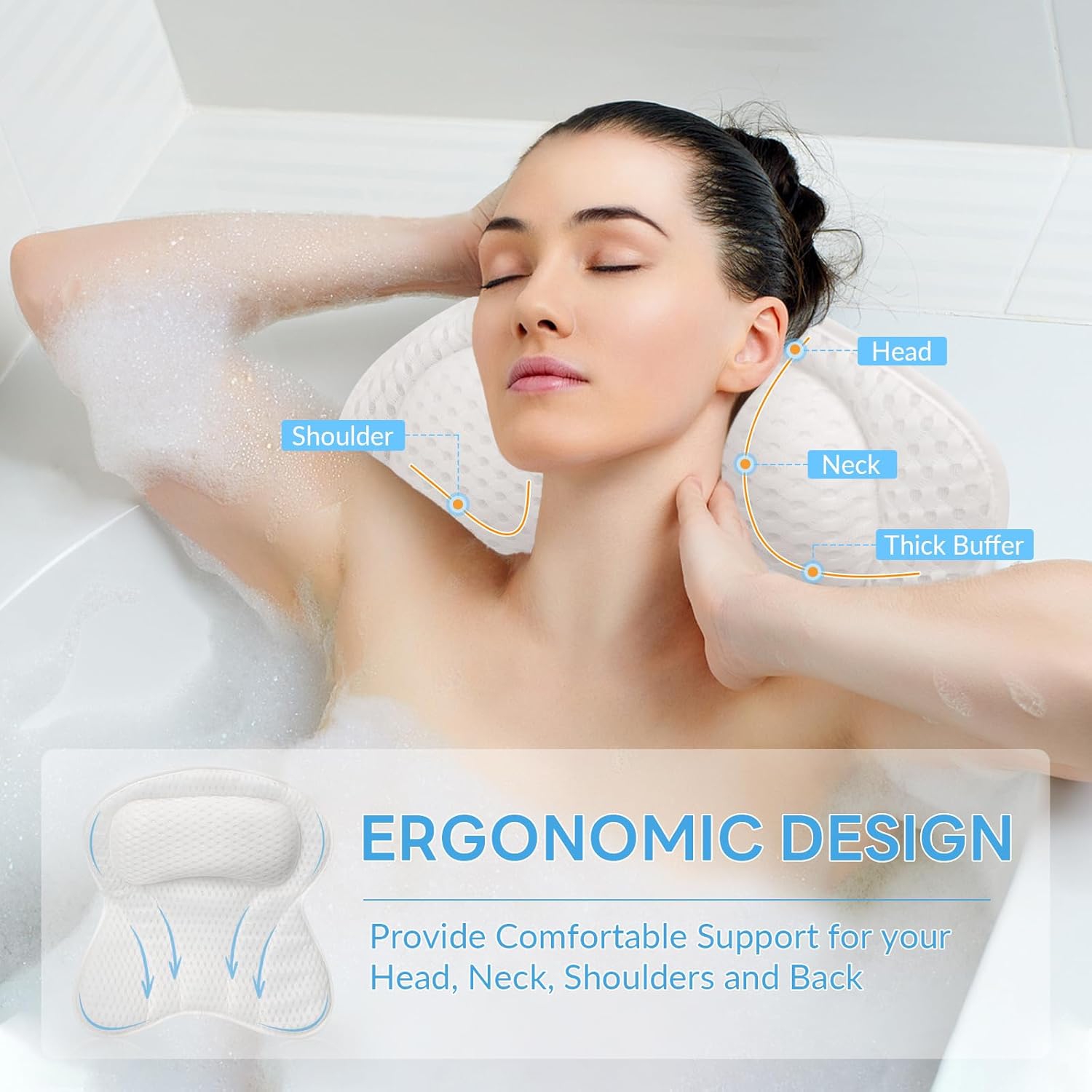 Oreillers de bain pour baignoire,Coussin de bain Oreiller de baignoire Appuie-tête et soutien dorsal avec tissu en filet et ventouses, Accessoires de