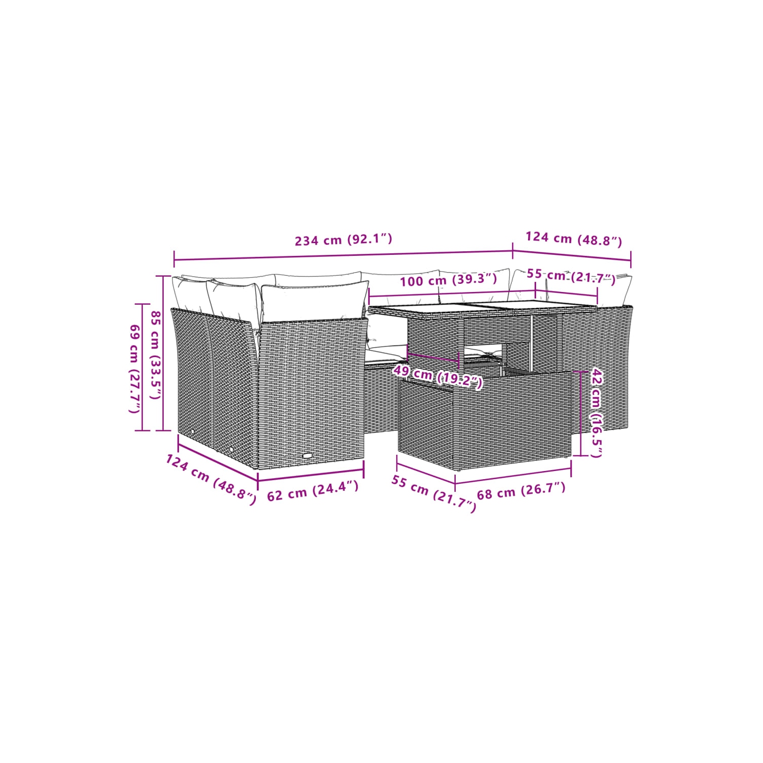 Ensemble de 7 pièces avec canapé de jardin et coussins en rotin de polyester noir VidaXL