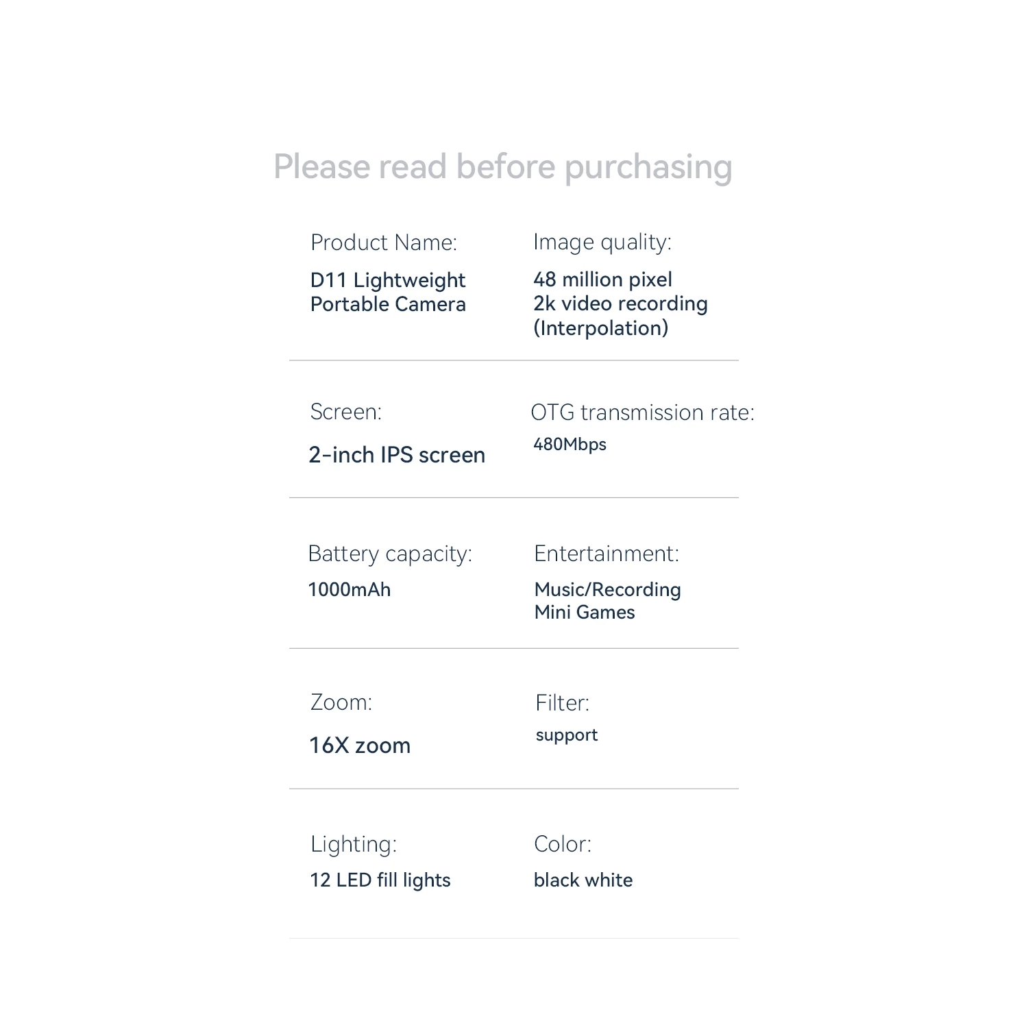 D11 HD 48MP Mini SLR Digital Camera Dual Camera Beauty Light Selfie Video Recording CCD Camera - D11 White Standard 32G Memory Card + Card Reader +