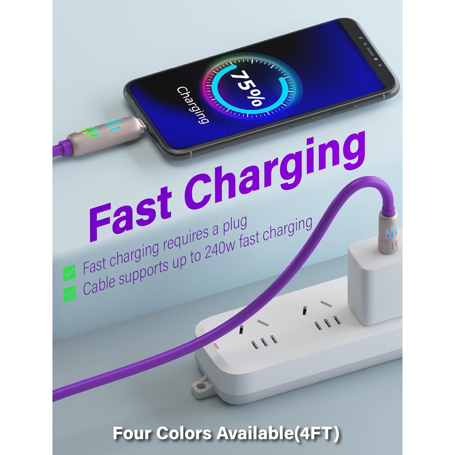 Câble de données 4-en-1 LED léger super rapide de 240w pour Apple 27w Huawei Android typec-violet 65&nbsp;W-12&nbsp;W super rapide de 2 mètres