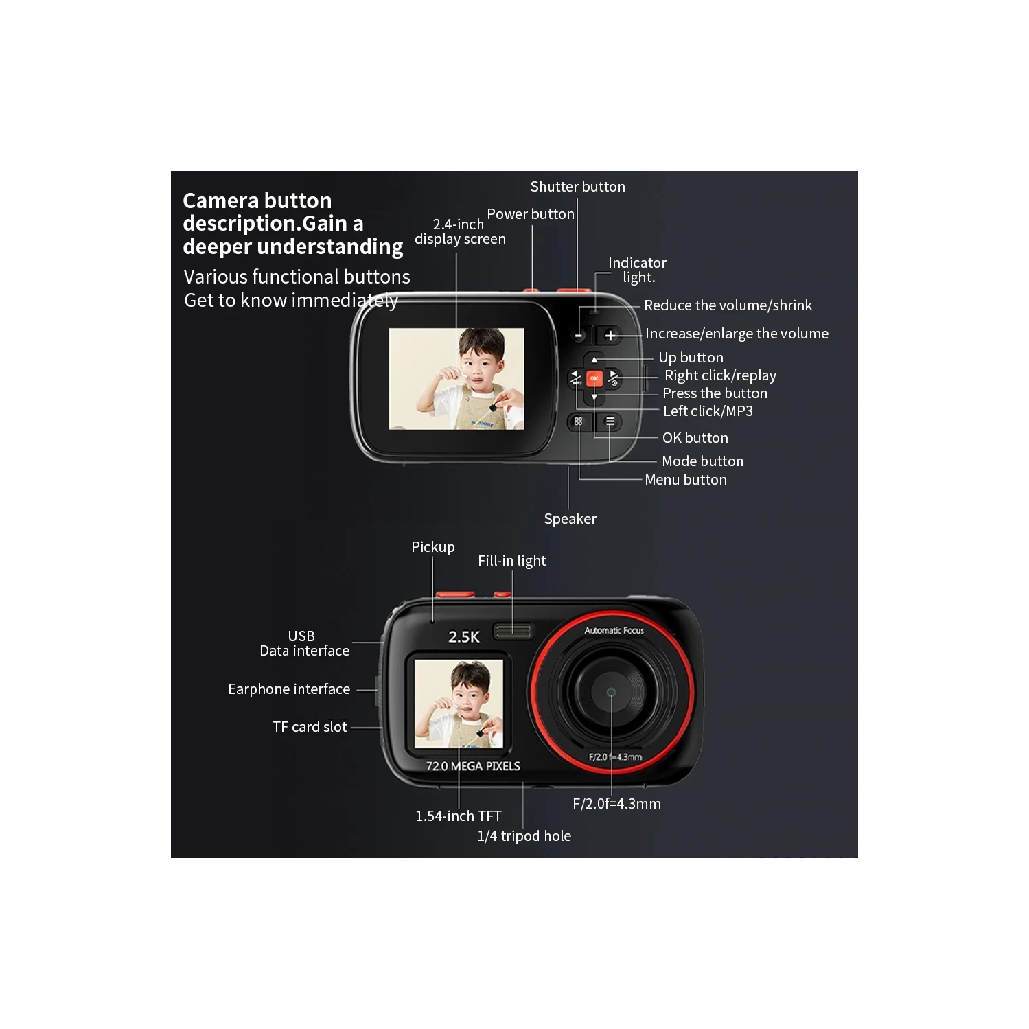 Dual-screen HD digital camera, 16x digital zoom, auto focus, 1.54-inch HD display, 72-megapixel HD camera, suitable for travel and portable shooting