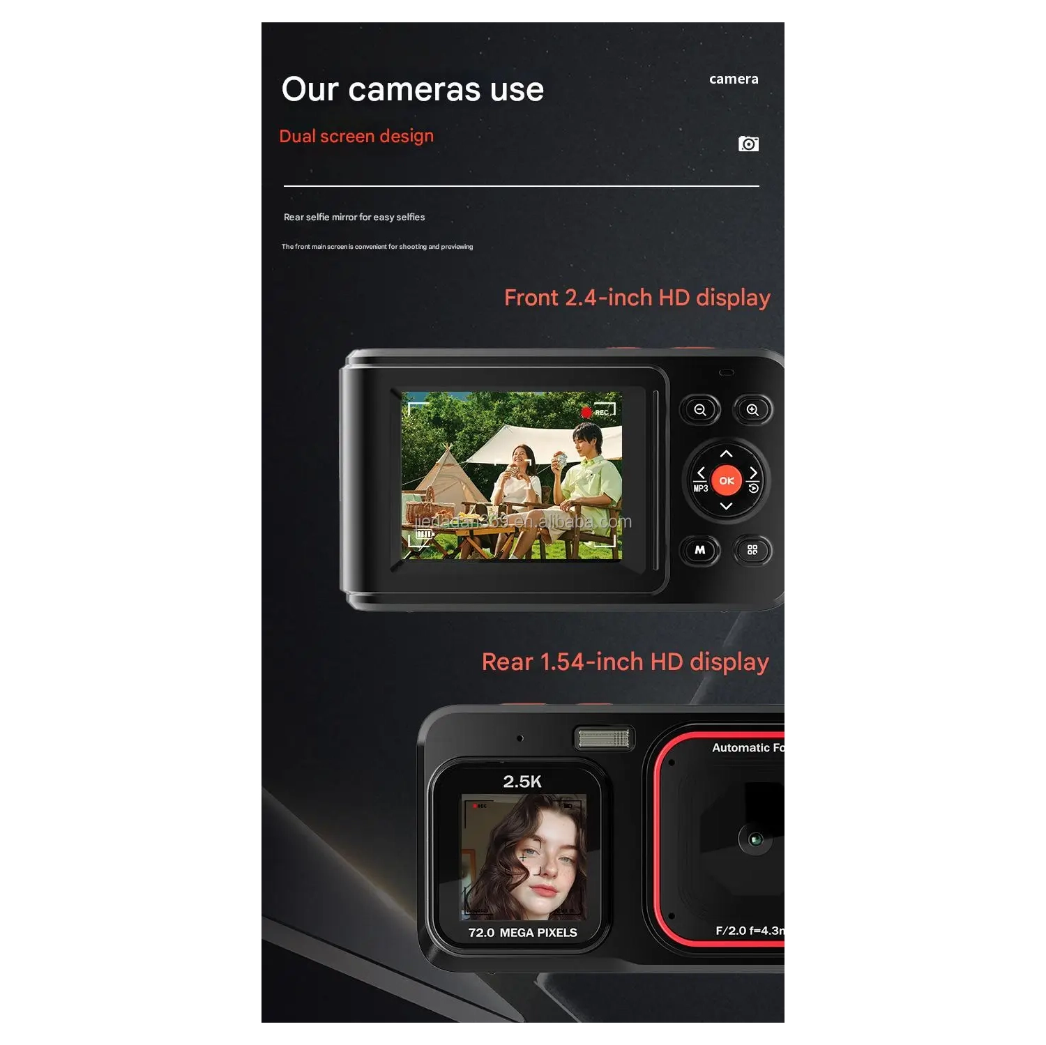 Dual-screen Selfie HD pixel camera, 72-megapixel HD digital camera, 2.4-inch front, 1.5-inch rear, dual-screen student MP3 player, music player,