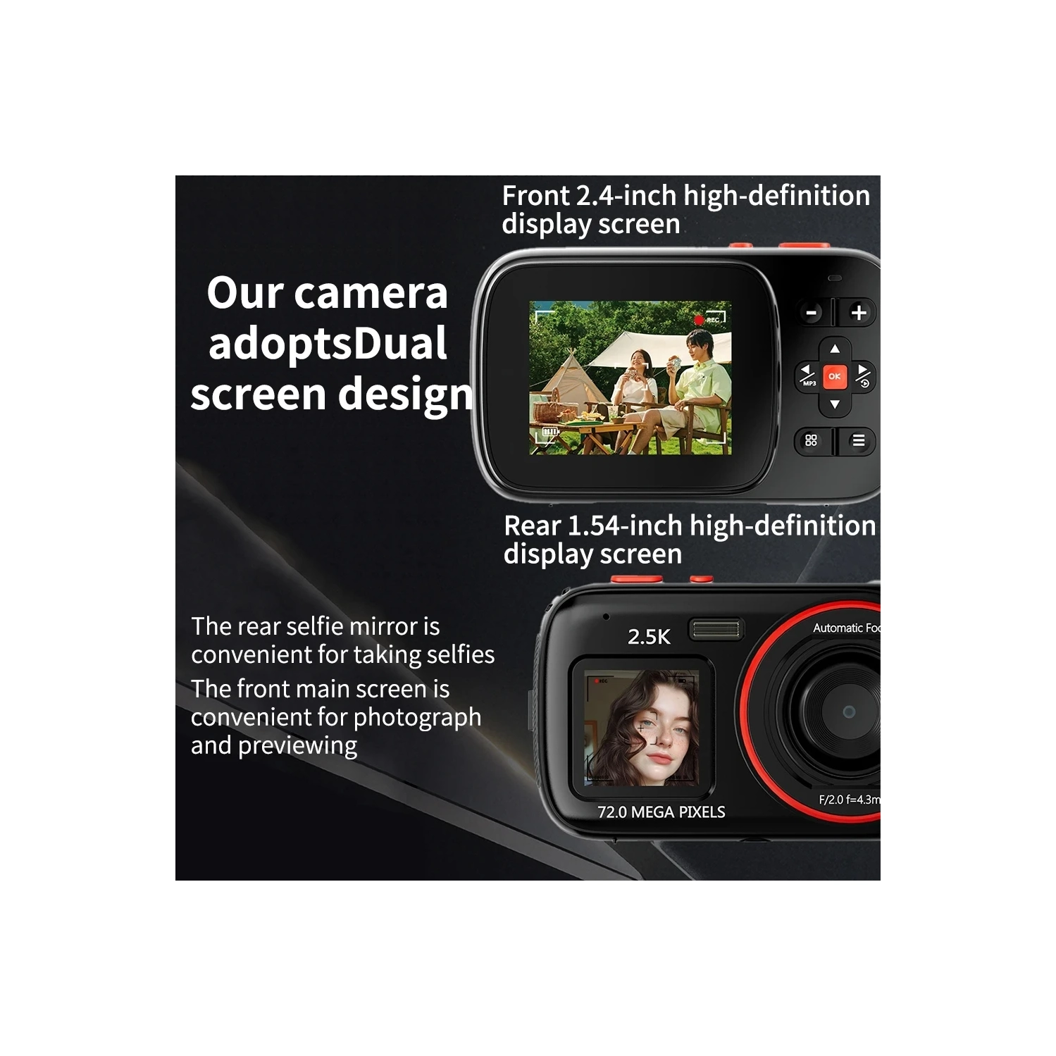 Dual-screen HD digital camera, 16x digital zoom, auto focus, 1.54-inch HD display, 720,000-pixel HD camera, suitable for travel and portable