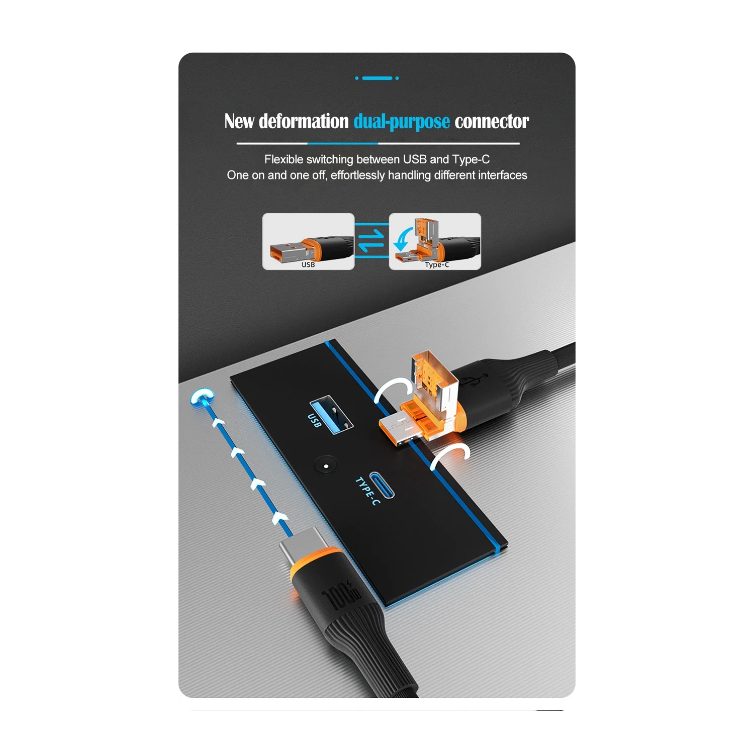 Applicable to type-c two-in-one flip fast charging 65W super fast charging cable PD20W flash charging data cable-type-c+USB flip cable fast charging