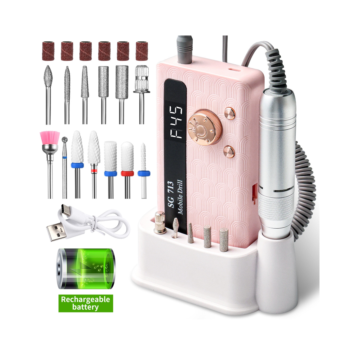 Electric Nail File Professional Kit,Portable Nail Drill Electric File with Bits & Base,LED Screen,Silent Rechargeable Nail Drills Machine for Acrylic