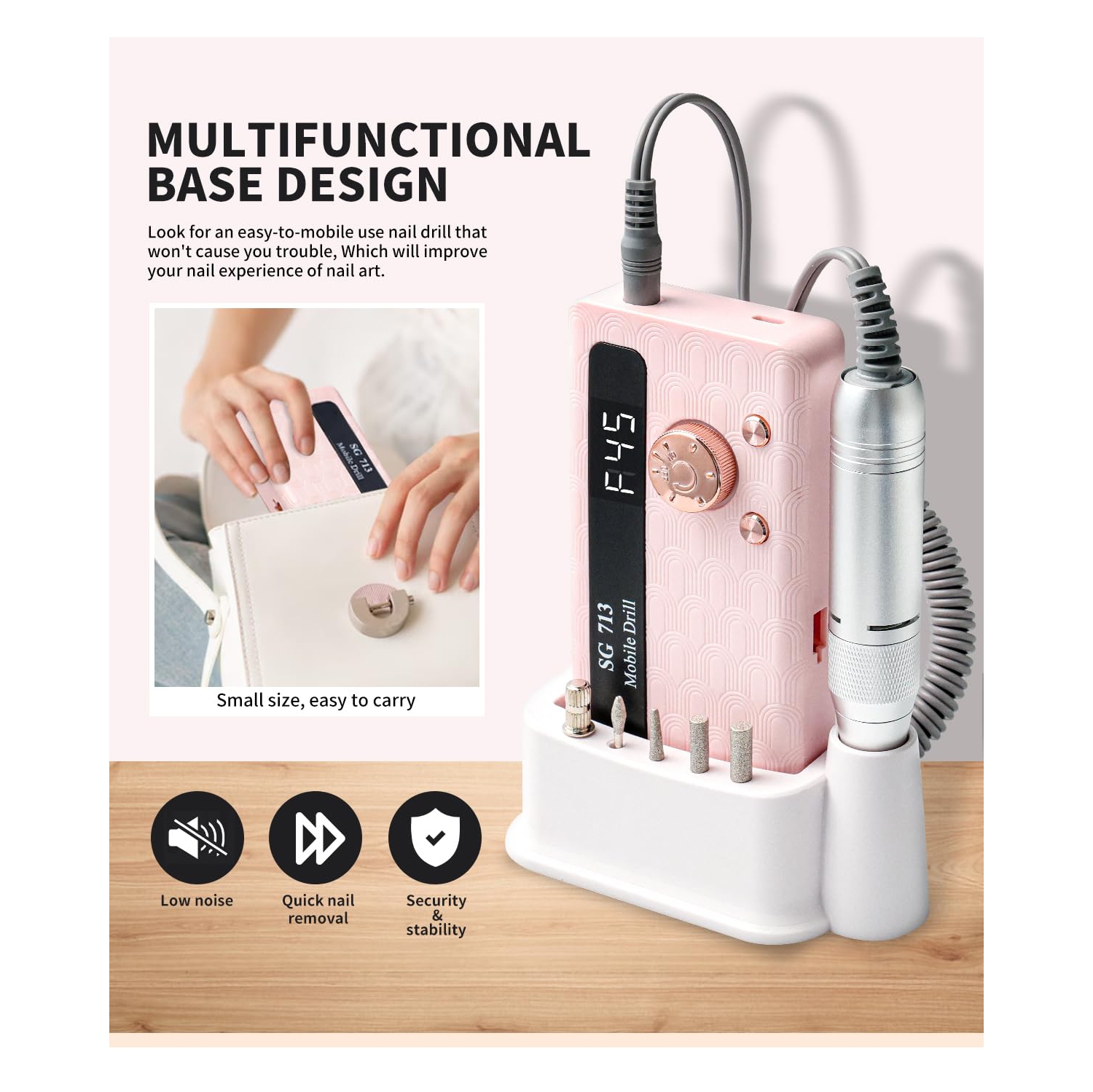 Electric Nail File Professional Kit,Portable Nail Drill Electric File with Bits & Base,LED Screen,Silent Rechargeable Nail Drills Machine for Acrylic