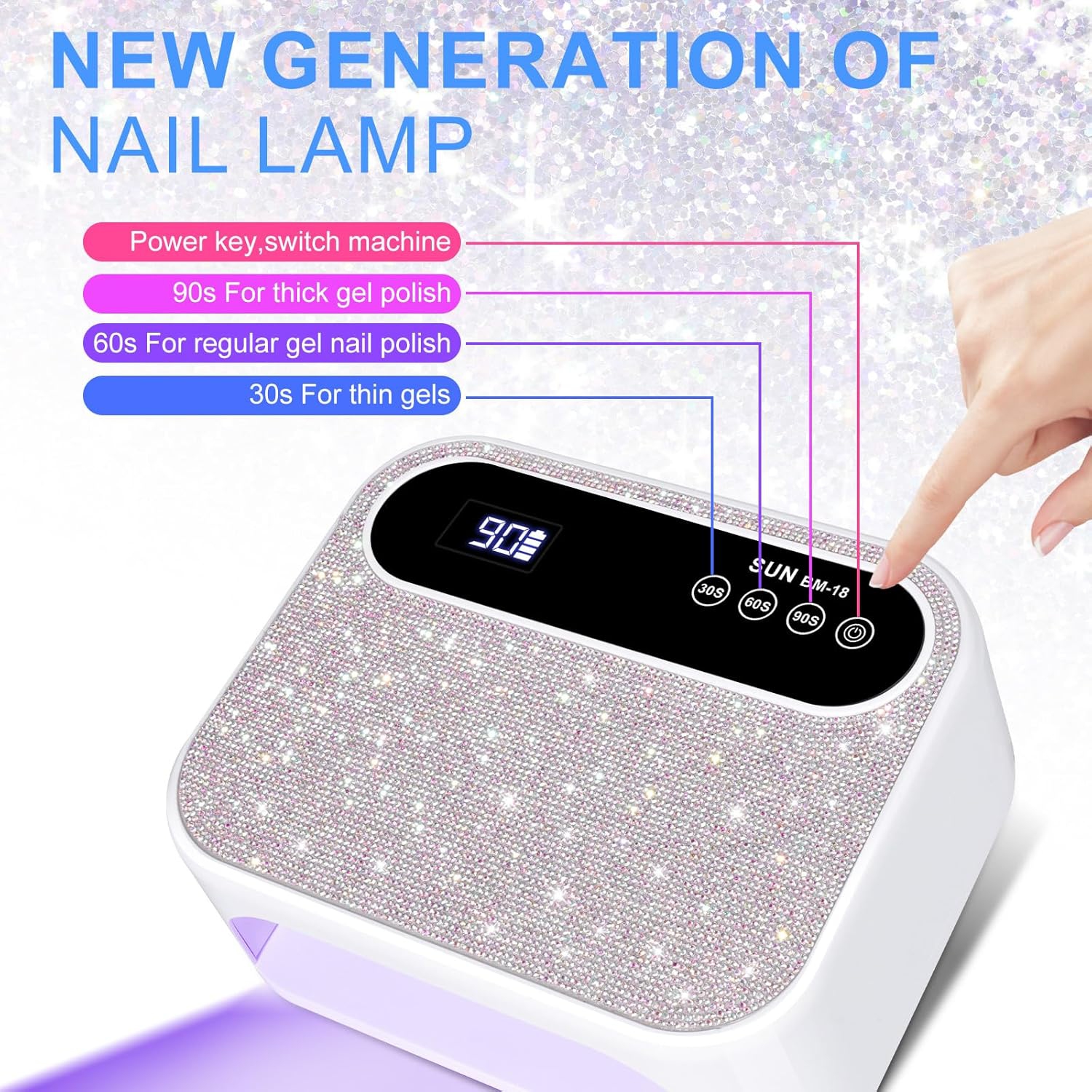 Cordless UV Nail Lamp,Rechargeable UV Gel Nail Light,Sparkling Rhinestones UV Light,Professional Fast Curing Nail Dryer with Auto Sensor for Salon &