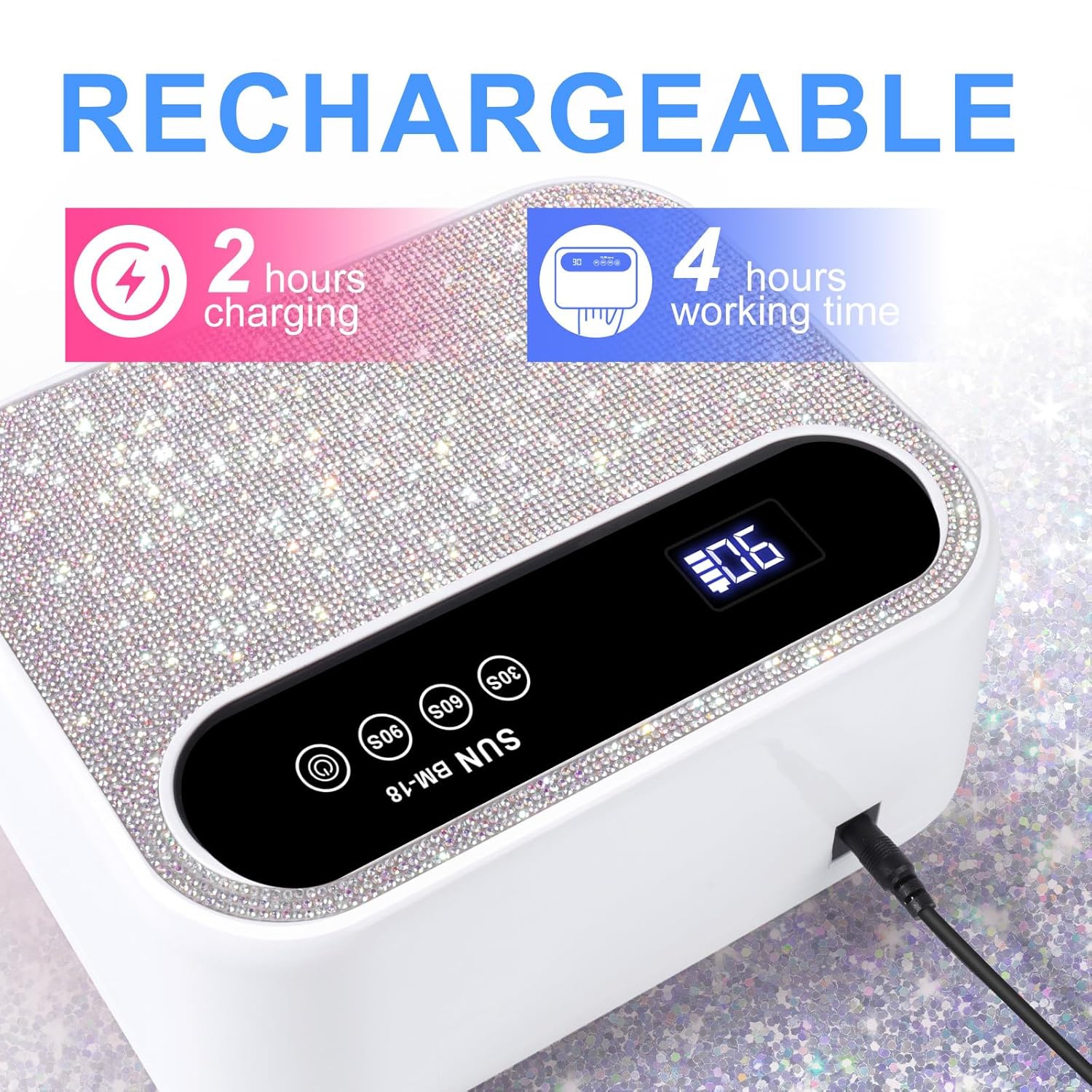 Cordless UV Nail Lamp,Rechargeable UV Gel Nail Light,Sparkling Rhinestones UV Light,Professional Fast Curing Nail Dryer with Auto Sensor for Salon &