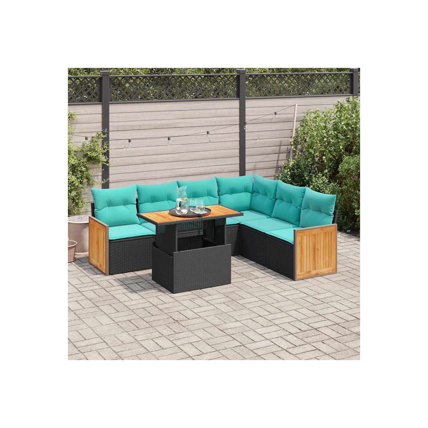 Ensemble de 7 pièces avec divan de jardin et coussins en poly/rotin/acacia noir VidaXL