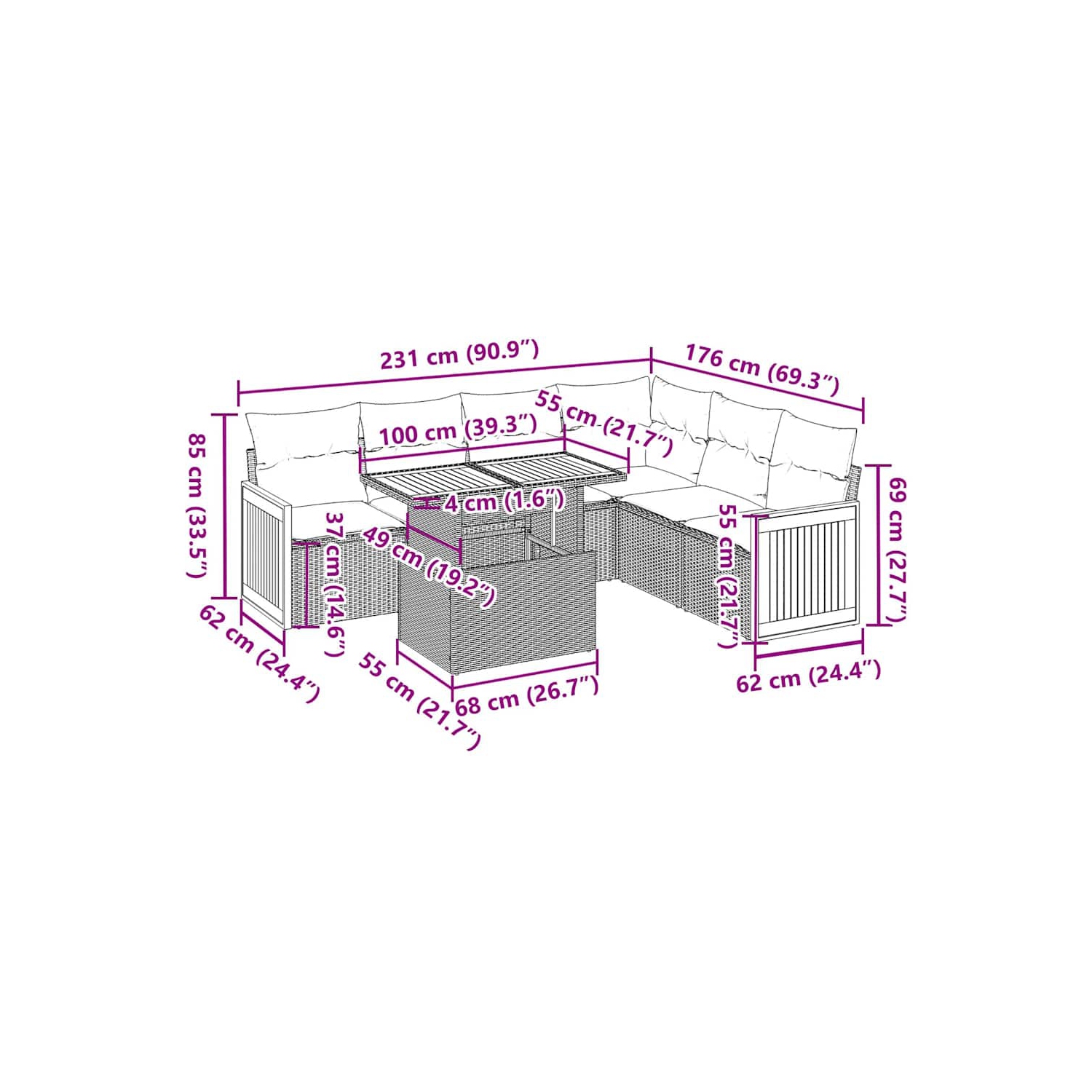 Ensemble de 7 pièces avec divan de jardin et coussins en poly/rotin/acacia noir VidaXL