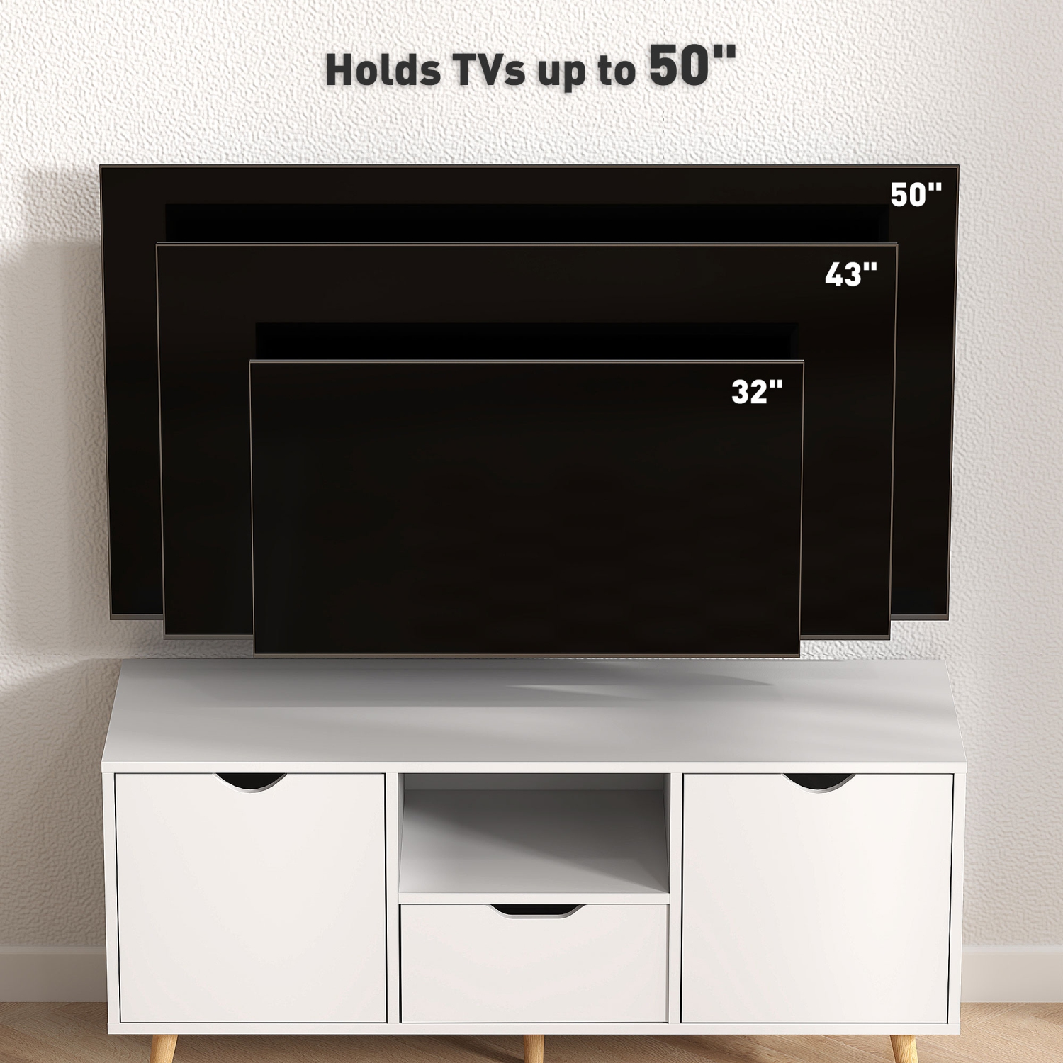 HOMCOM TV Stand with Storage, Modern TV Table with Open Shelf, Drawer and 2 Cabinets, Entertainment Unit for Living Room, Holds Television up to 50