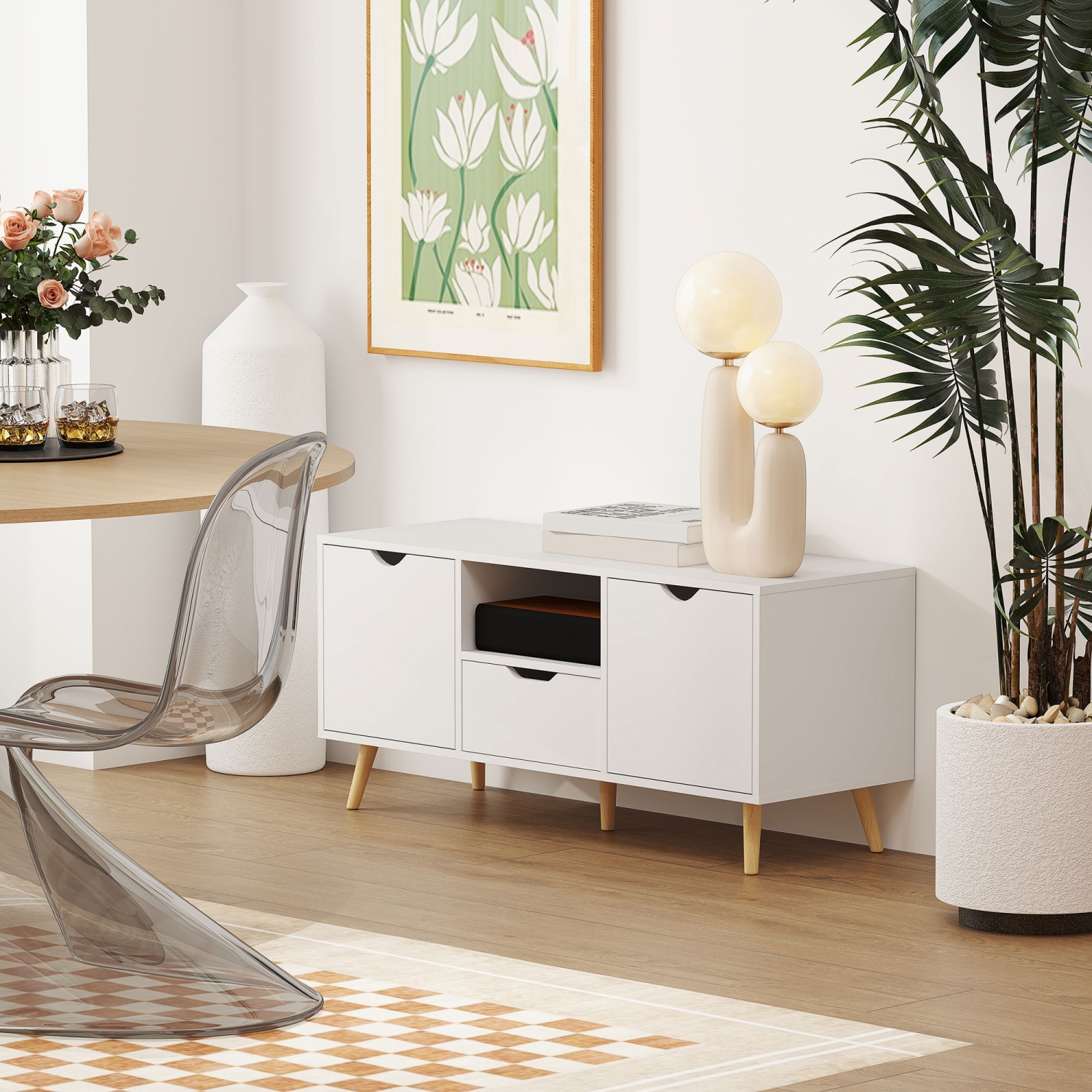 HOMCOM TV Stand with Storage, Modern TV Table with Open Shelf, Drawer and 2 Cabinets, Entertainment Unit for Living Room, Holds Television up to 50