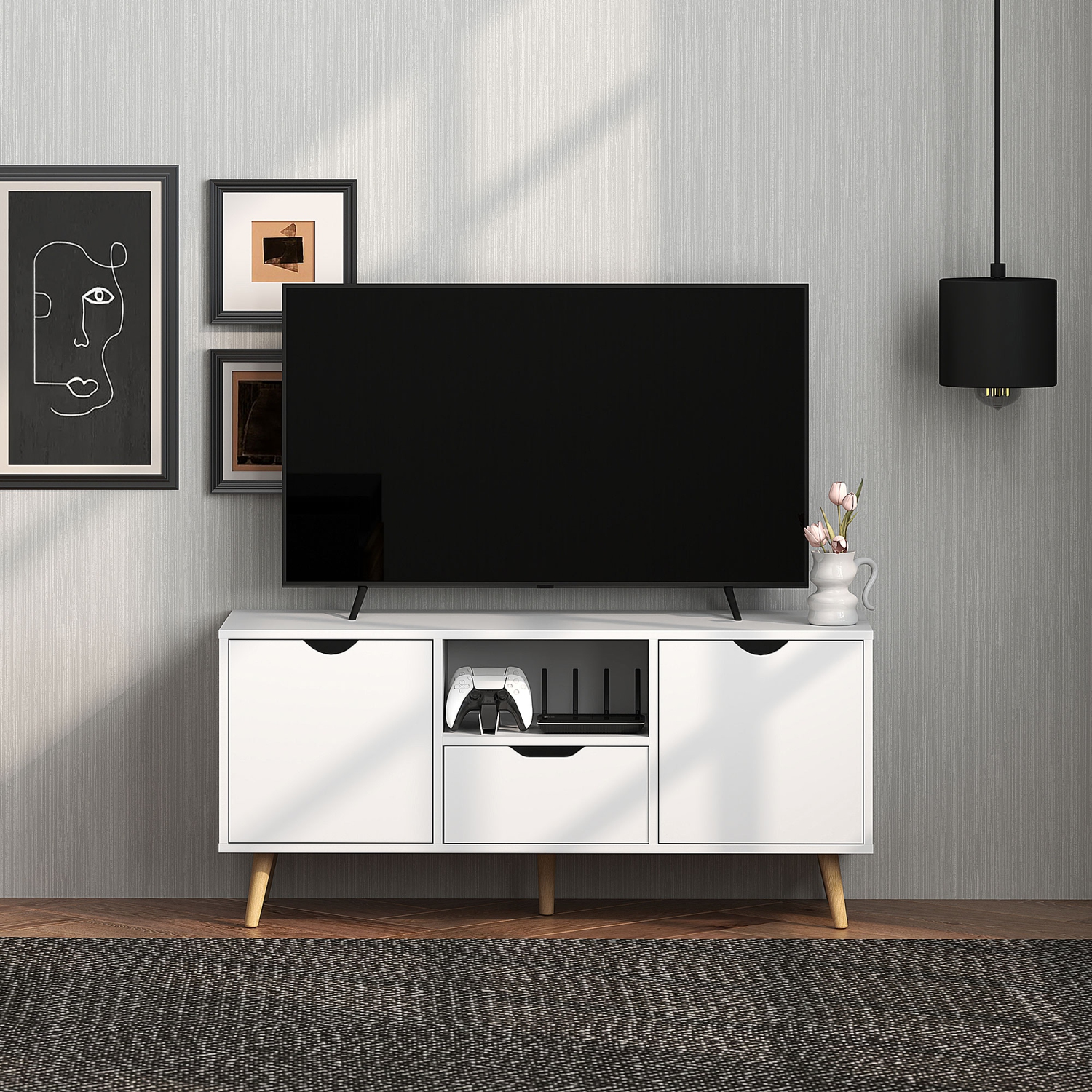 HOMCOM TV Stand with Storage, Modern TV Table with Open Shelf, Drawer and 2 Cabinets, Entertainment Unit for Living Room, Holds Television up to 50