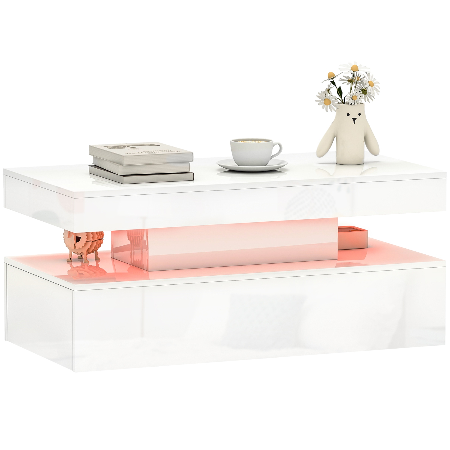 Table basse de HOMCOM avec lumières RVB LED et télécommande, table centrale moderne à 2 tiroirs et tablette ouverte pour salon, blanc lustré