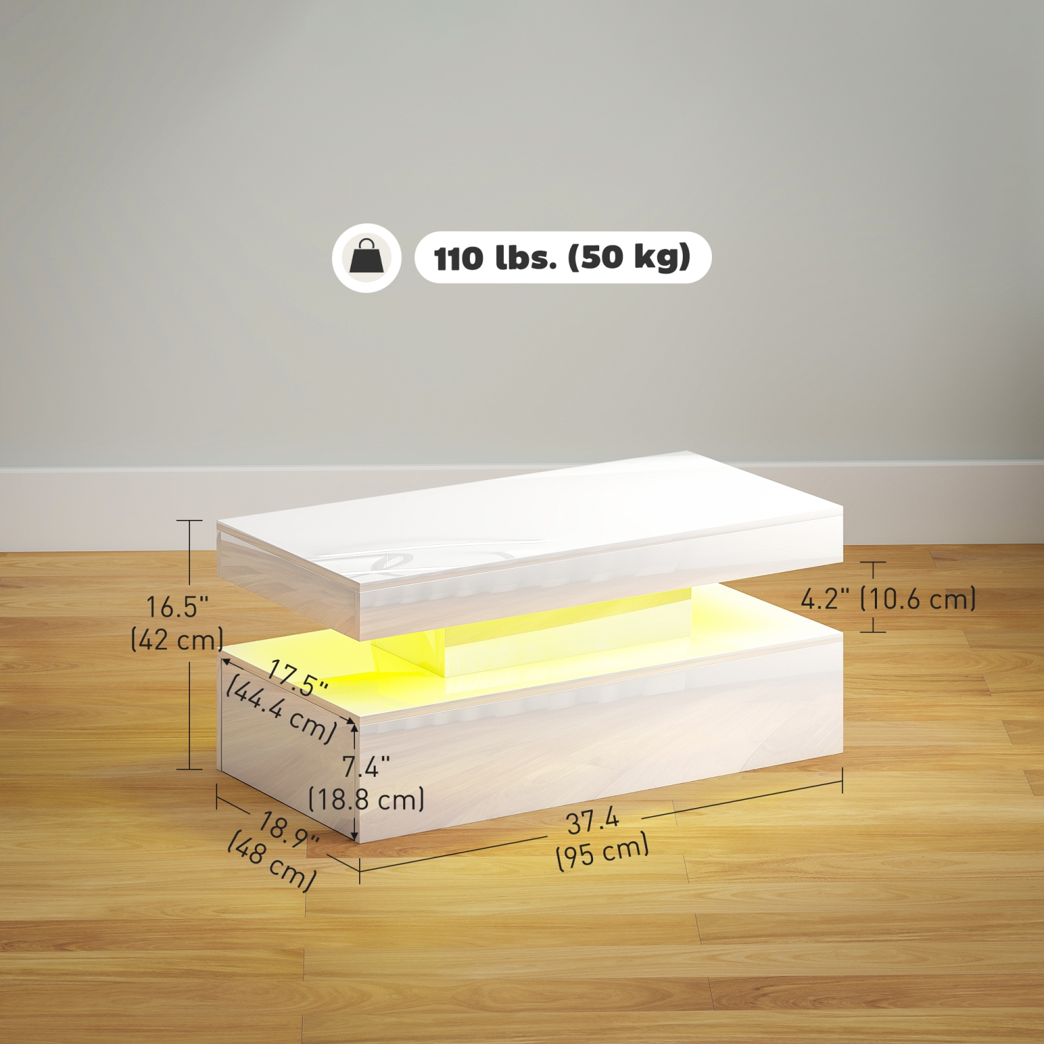 Table basse de HOMCOM avec lumières RVB LED et télécommande, table centrale moderne à 2 tiroirs et tablette ouverte pour salon, blanc lustré