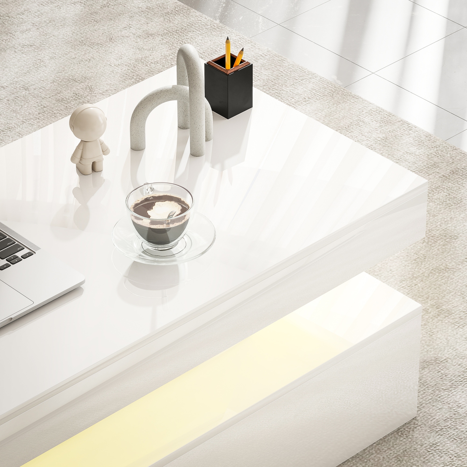 Table basse de HOMCOM avec lumières RVB LED et télécommande, table centrale moderne à 2 tiroirs et tablette ouverte pour salon, blanc lustré