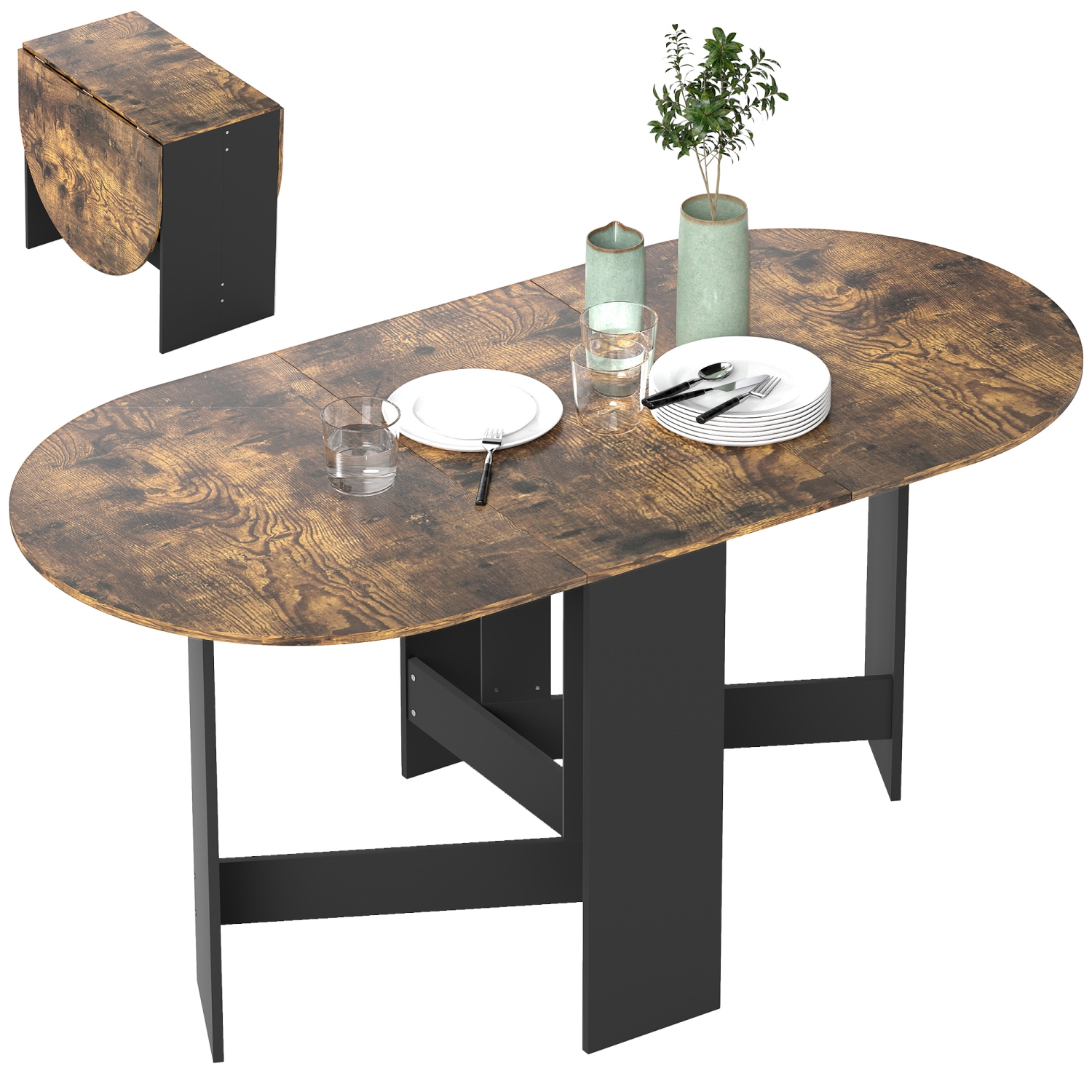 HOMCOM Oval Folding Dining Table, Space Saving Drop Leaf Table for Kitchen, Dining Room, Living Room, Rustic Brown
