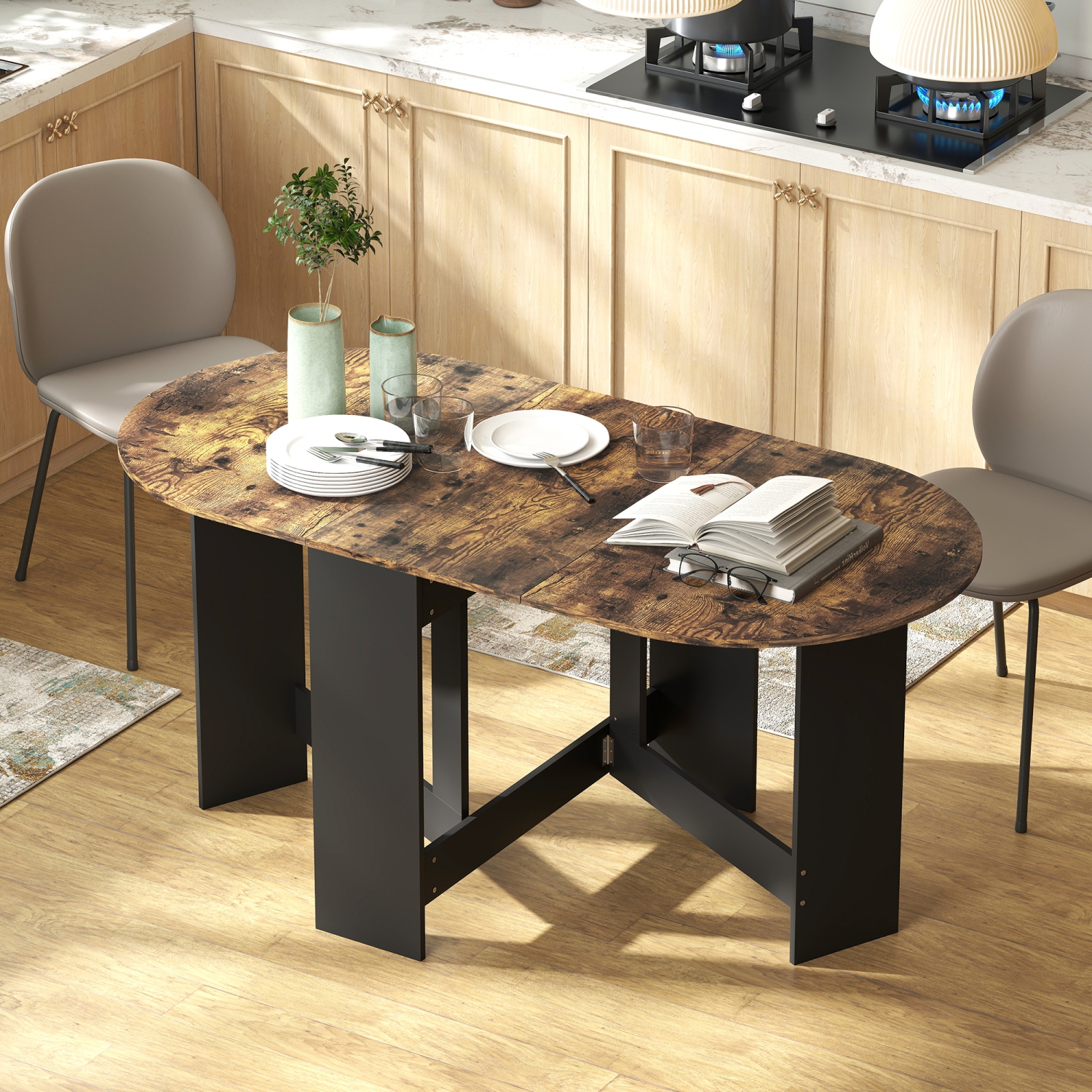 HOMCOM Oval Folding Dining Table, Space Saving Drop Leaf Table for Kitchen, Dining Room, Living Room, Rustic Brown