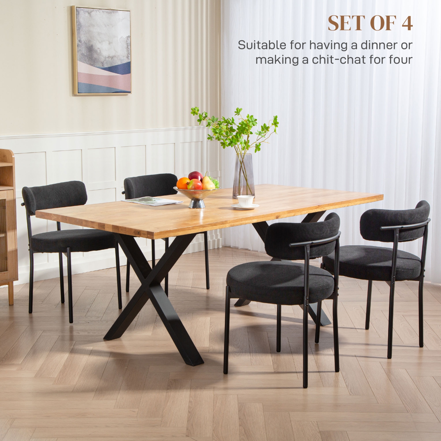 HOMCOM Dining Chairs Set of 4, Modern Kitchen Chairs with Corduroy Upholstery and Steel Legs for Living Room, Bedroom, Black