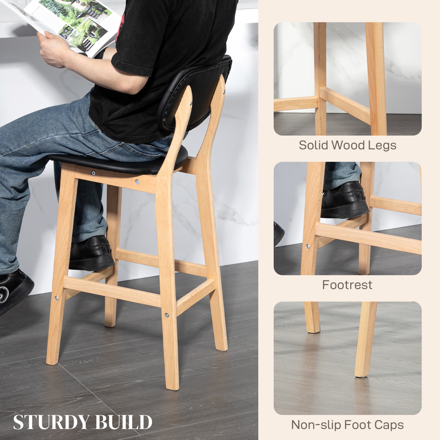 Ensemble de 2 tabourets de bar modernes de HOMCOM, tabourets de bar à hauteur de comptoir recouverts de cuir PU, chaises de bar pour cuisine avec