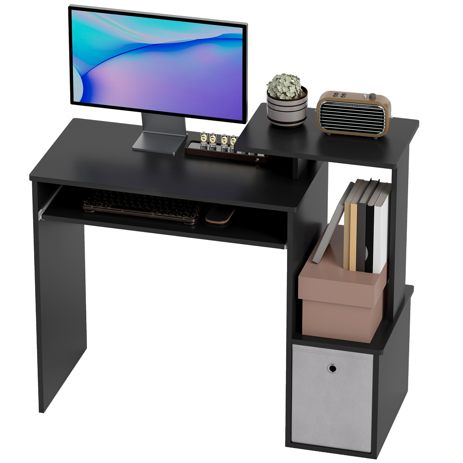 HOMCOM – Bureau d'ordinateur avec plateau coulissant pour clavier, bureau de 39&nbsp;po avec tiroir en tissu et tablettes de rangement, poste