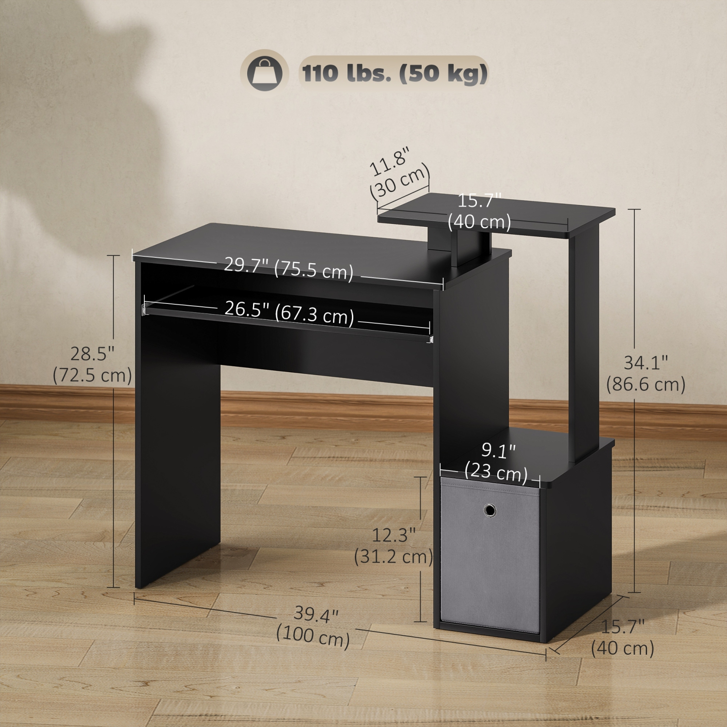 HOMCOM – Bureau d'ordinateur avec plateau coulissant pour clavier, bureau de 39&nbsp;po avec tiroir en tissu et tablettes de rangement, poste