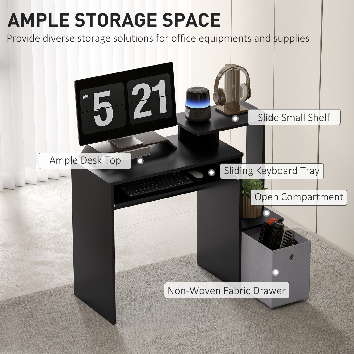 HOMCOM – Bureau d'ordinateur avec plateau coulissant pour clavier, bureau de 39&nbsp;po avec tiroir en tissu et tablettes de rangement, poste