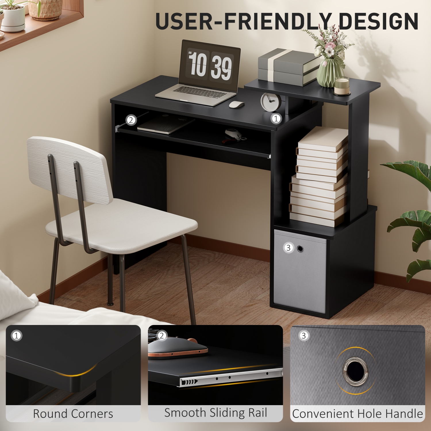 HOMCOM – Bureau d'ordinateur avec plateau coulissant pour clavier, bureau de 39&nbsp;po avec tiroir en tissu et tablettes de rangement, poste