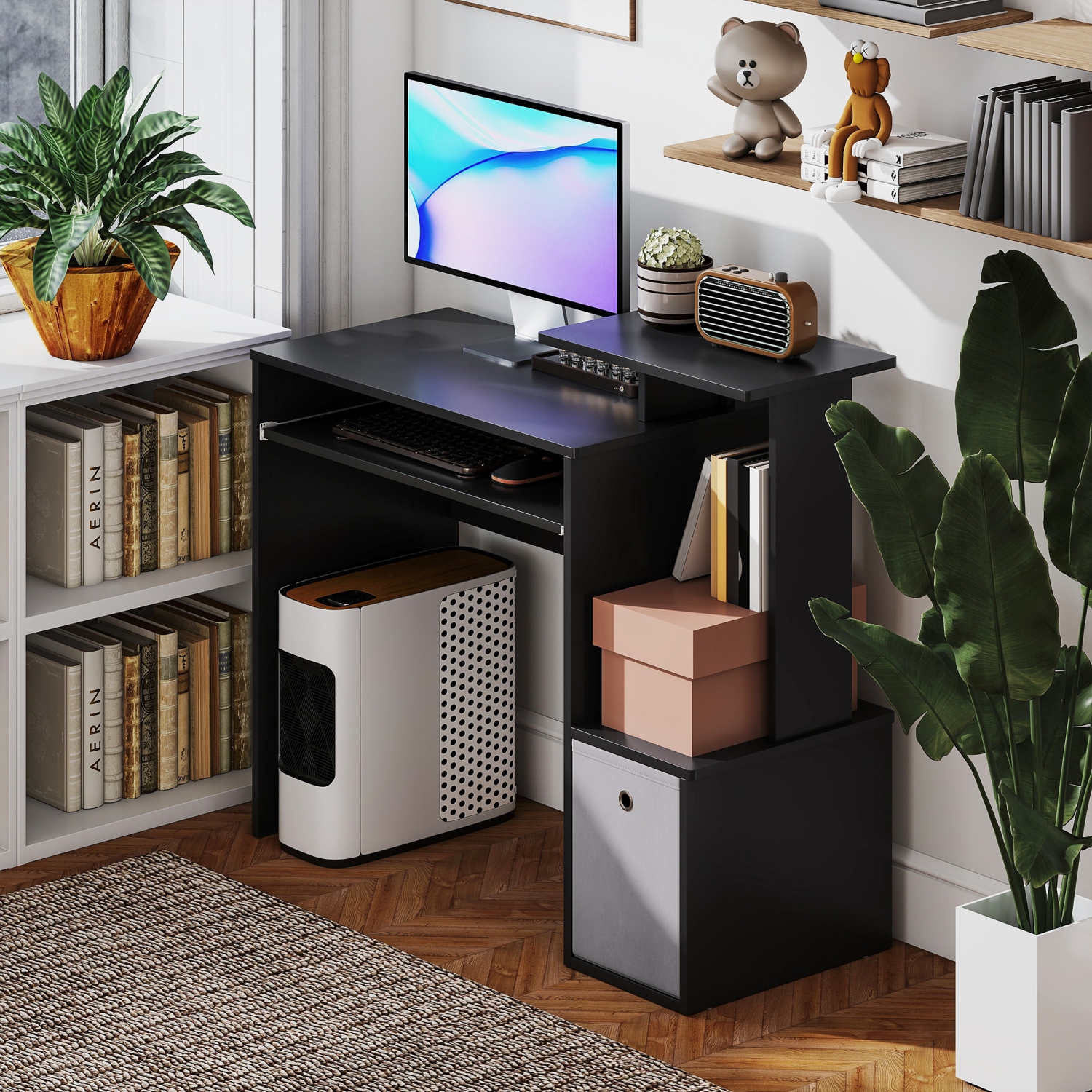HOMCOM – Bureau d'ordinateur avec plateau coulissant pour clavier, bureau de 39&nbsp;po avec tiroir en tissu et tablettes de rangement, poste