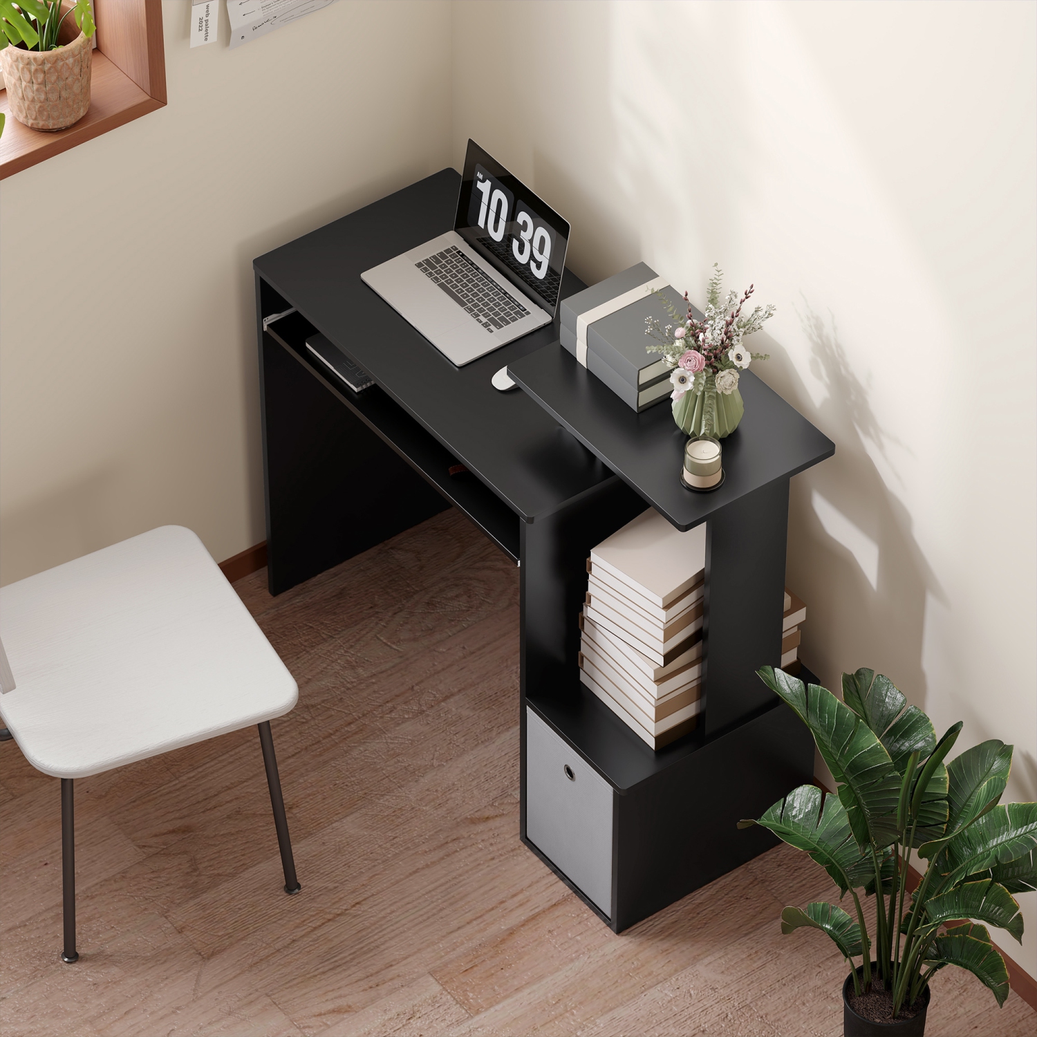 HOMCOM – Bureau d'ordinateur avec plateau coulissant pour clavier, bureau de 39&nbsp;po avec tiroir en tissu et tablettes de rangement, poste
