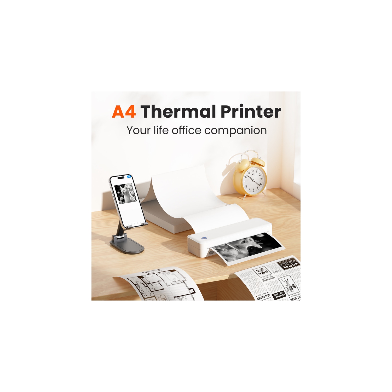 Portable thermal inkless small home office printer wirelessly connects to mobile phones to print documents, with strong compatibility