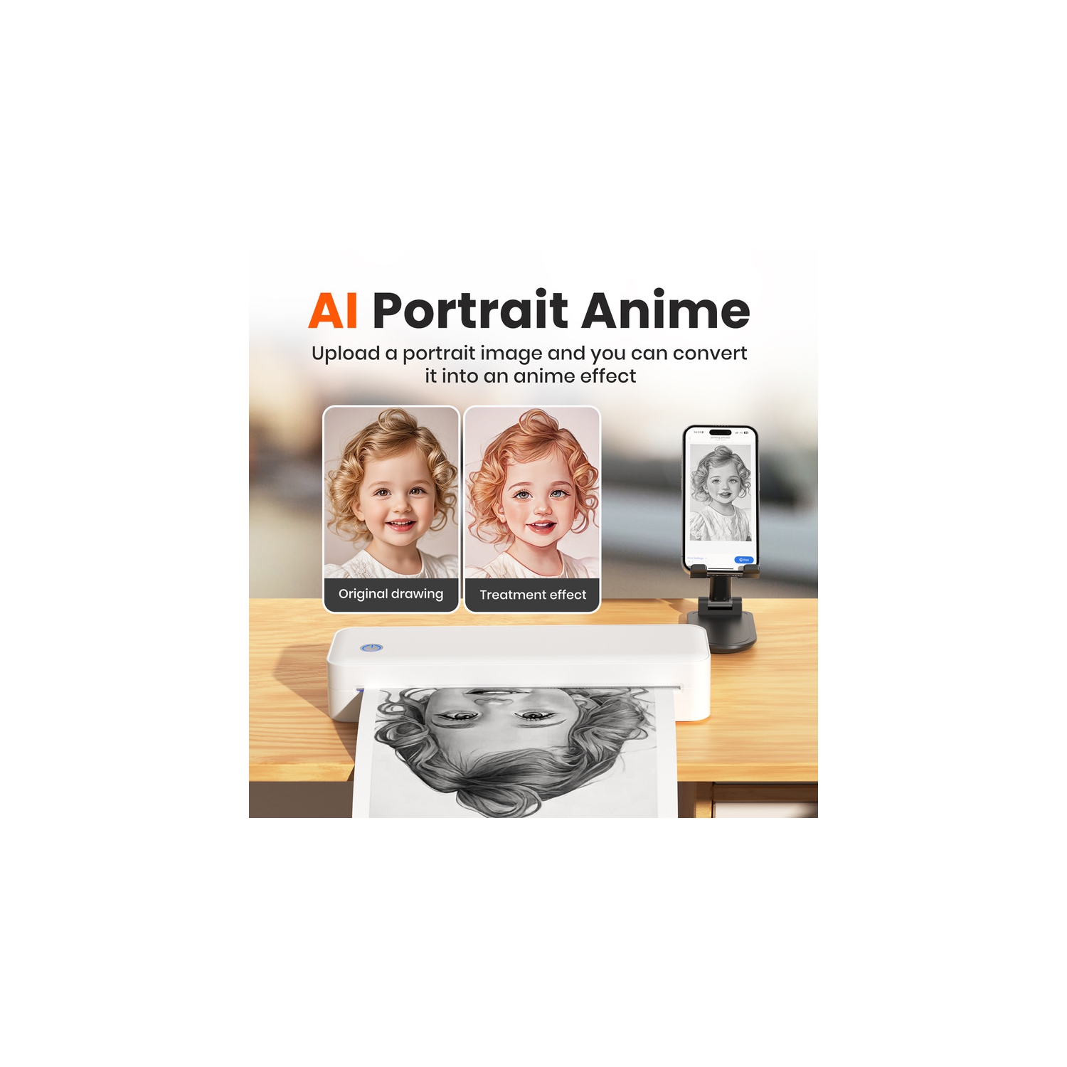 Portable thermal inkless small home office printer wirelessly connects to mobile phones to print documents, with strong compatibility