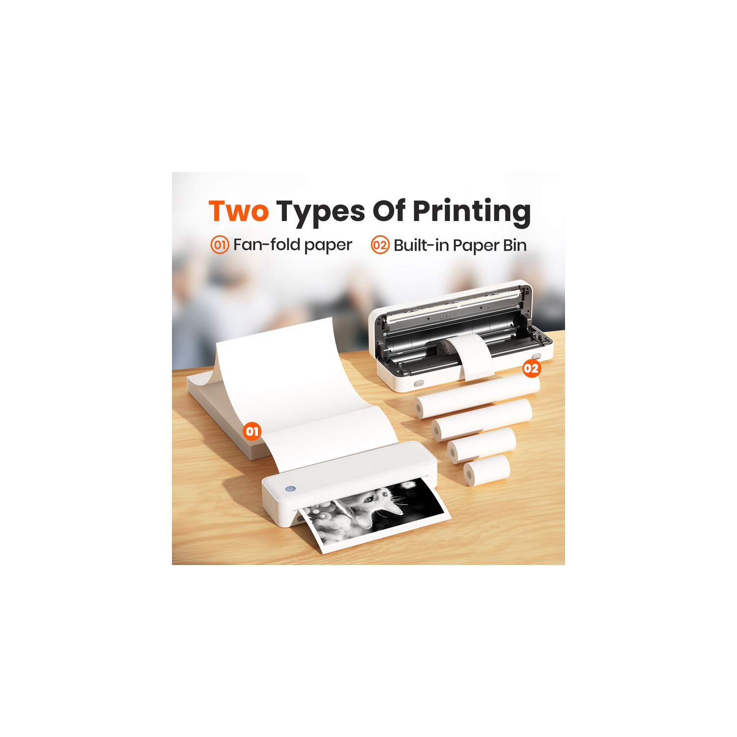 Portable thermal inkless small home office printer wirelessly connects to mobile phones to print documents, with strong compatibility