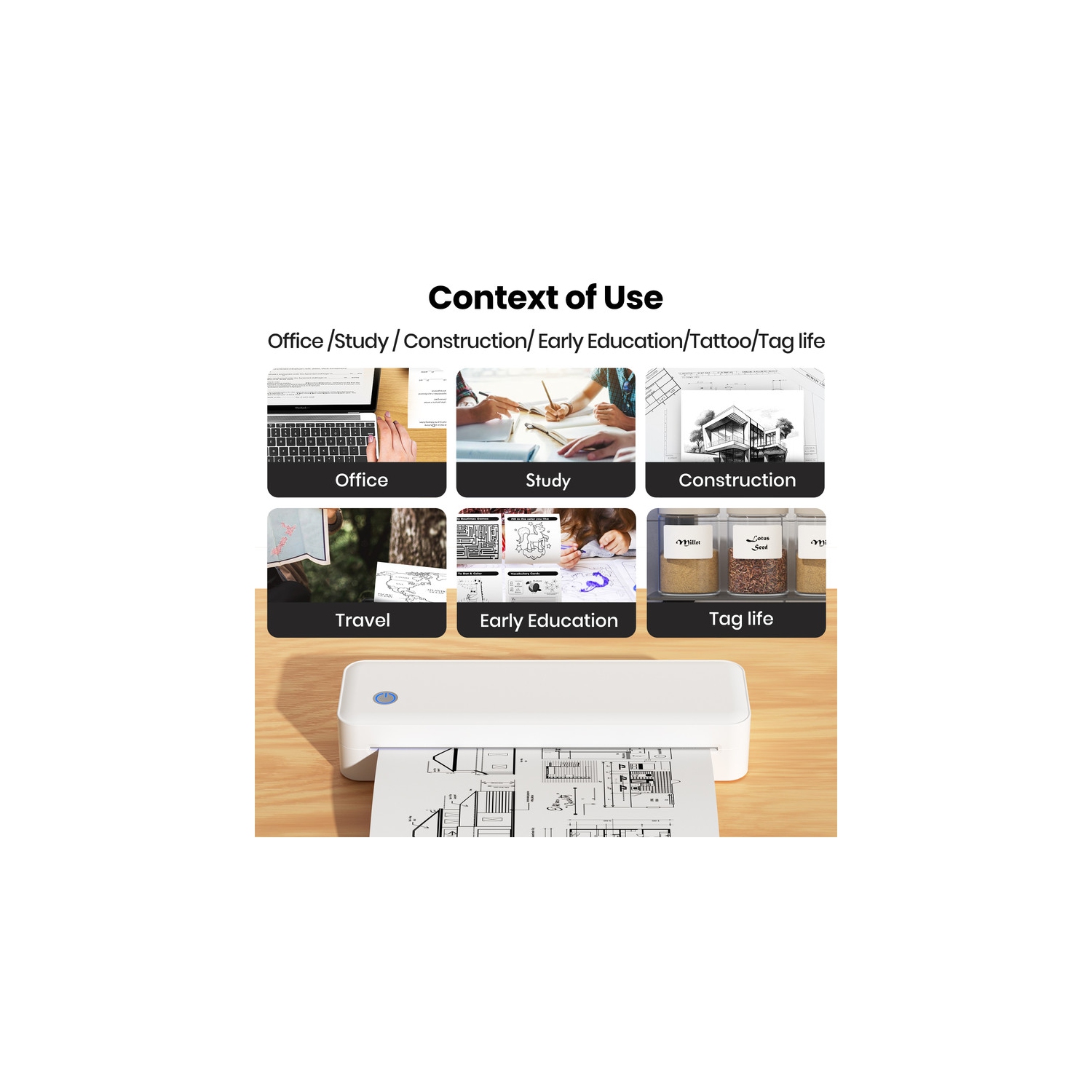 Portable thermal inkless small home office printer wirelessly connects to mobile phones to print documents, with strong compatibility