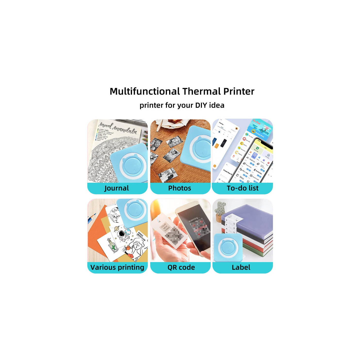 Mini Pocket Printer Thermal Print Bluetooth Connected Photos for iOS and Android, Inkless Sticker Printer - Purple