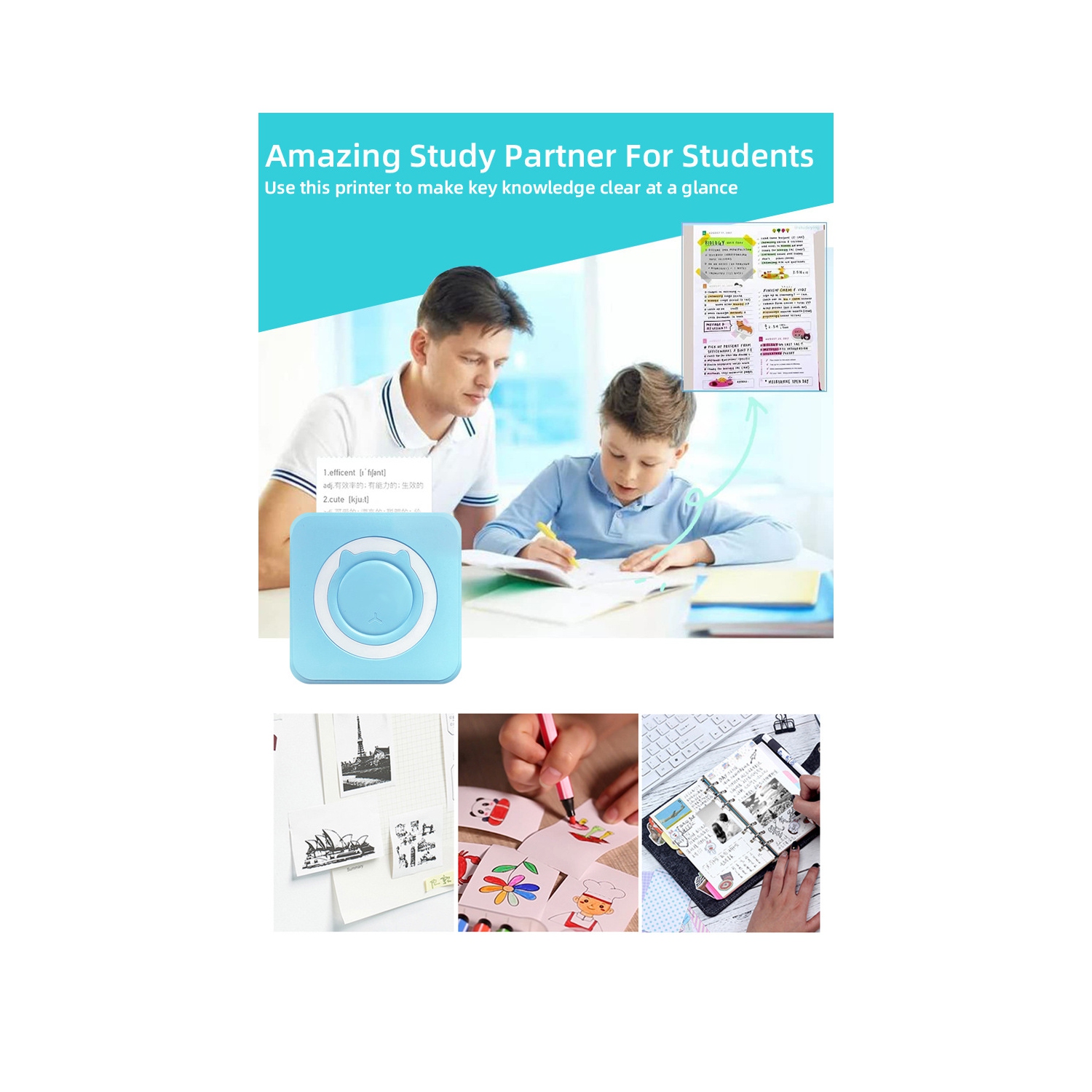 Mini Pocket Printer Thermal Print Bluetooth Connected Photos for iOS and Android, Inkless Sticker Printer - Blue