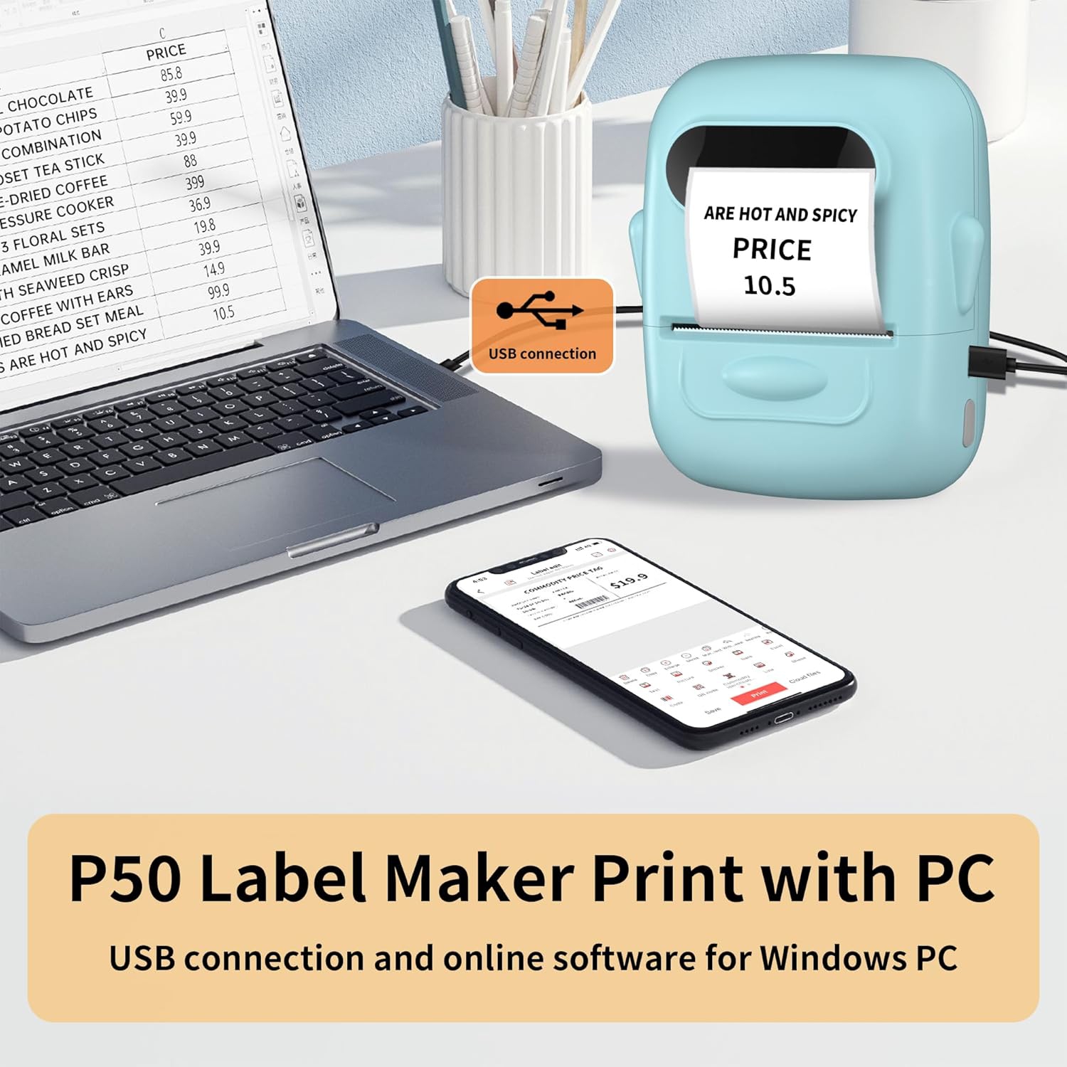 Portable label printer, thermal label machine, barcode label printer, portable wireless label maker - blue