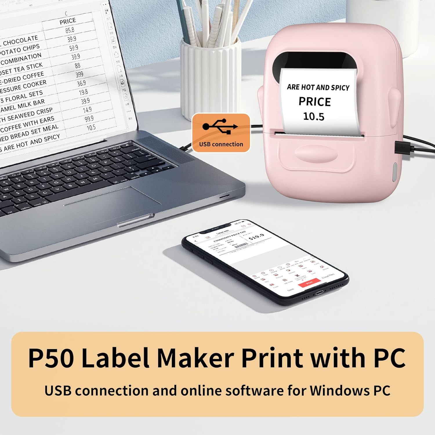 Portable label printer, thermal label machine, barcode label printer, portable wireless label maker - pink