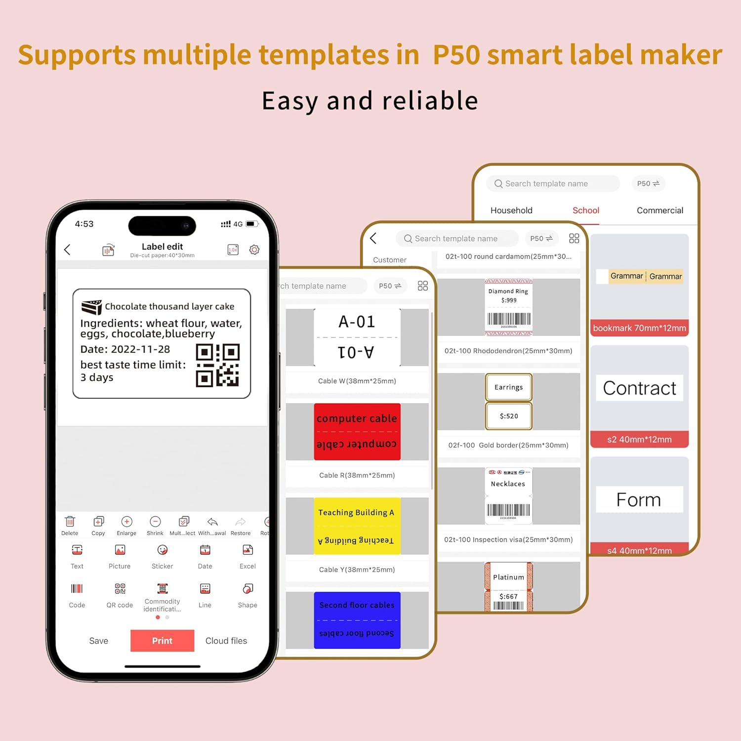 Portable label printer, thermal label machine, barcode label printer, portable wireless label maker - pink