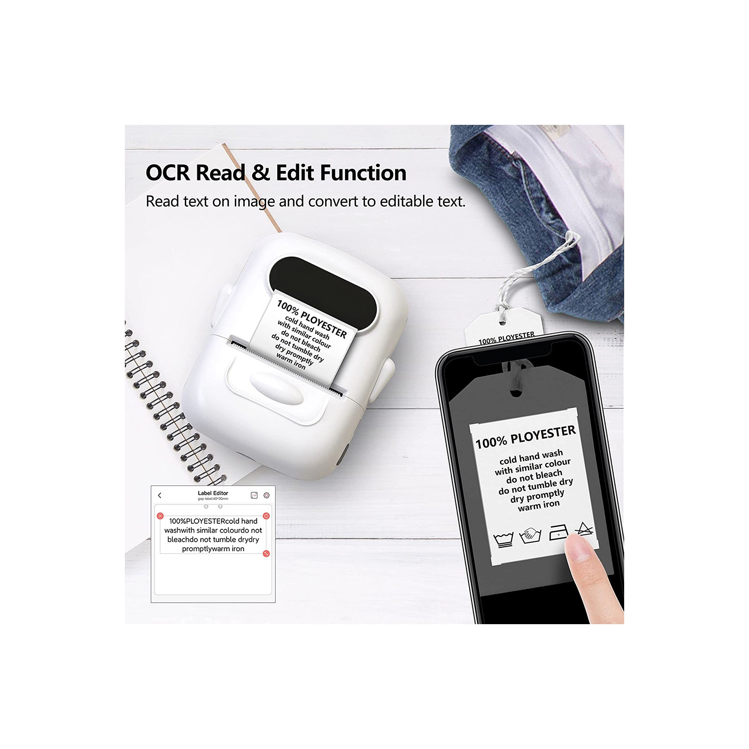 Portable label printer, thermal label machine, barcode label printer, portable wireless label maker - white