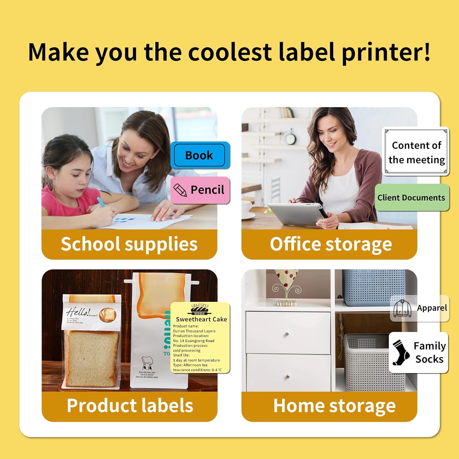 Portable label printer, thermal label machine, barcode label printer, portable wireless label maker - yellow